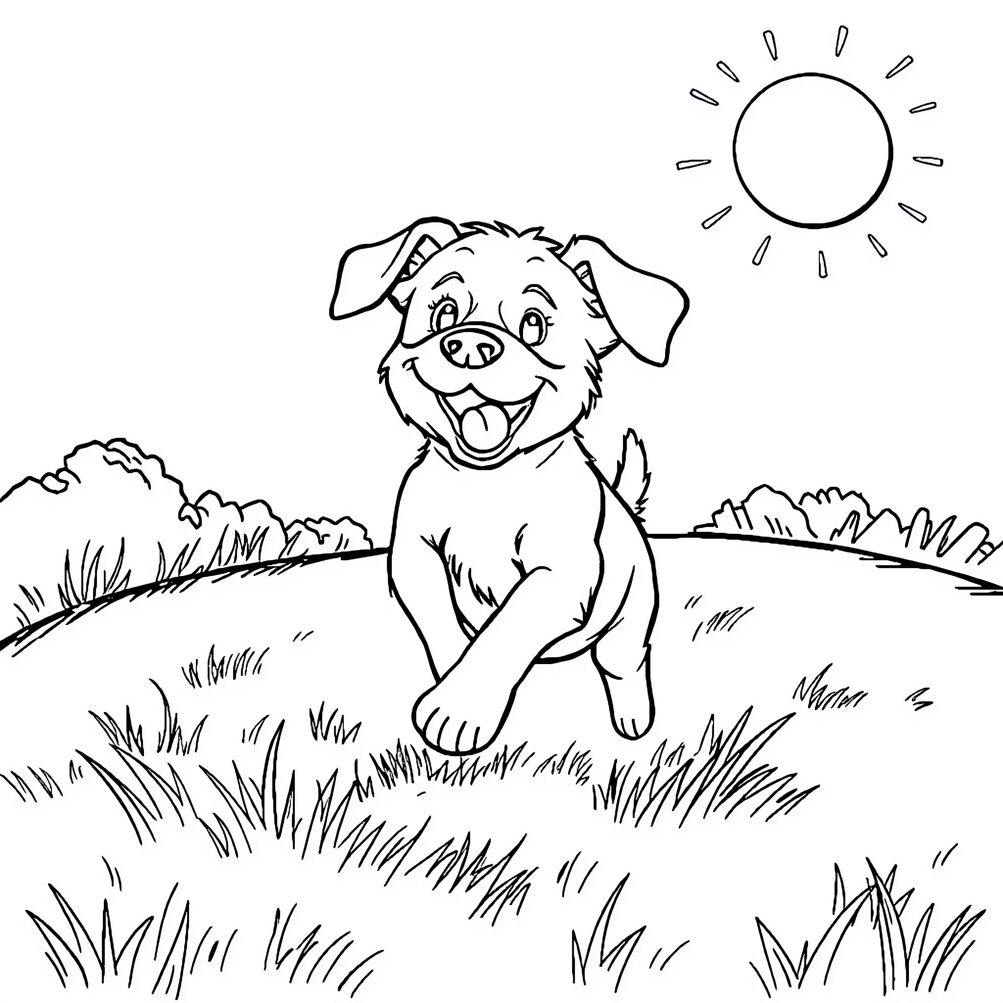 Dog happily running in the sun-filled meadow Coloring Page (free black-and-white line drawing printable PDF for all, from beginners to advanced learners, including children, teens, adults, and seniors)