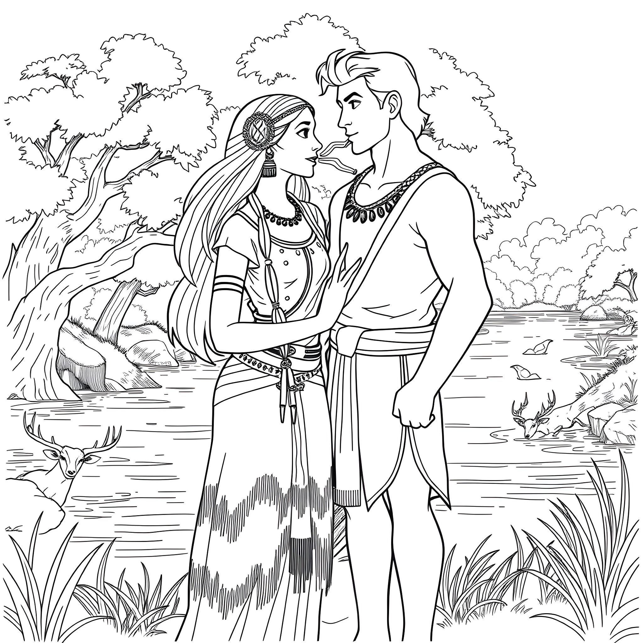 Pocahontas and John Smith's romantic encounter in the wilderness Coloring Page (free black-and-white line drawing printable PDF for all, from beginners to advanced learners, including children, teens, adults, and seniors)