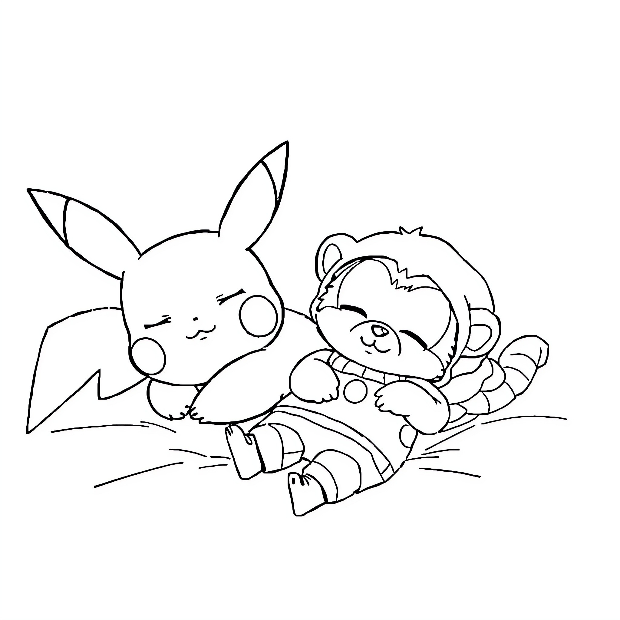 Pikachu and Riolu playing together happily Coloring Page (free black-and-white line drawing printable PDF for all, from beginners to advanced learners, including children, teens, adults, and seniors)