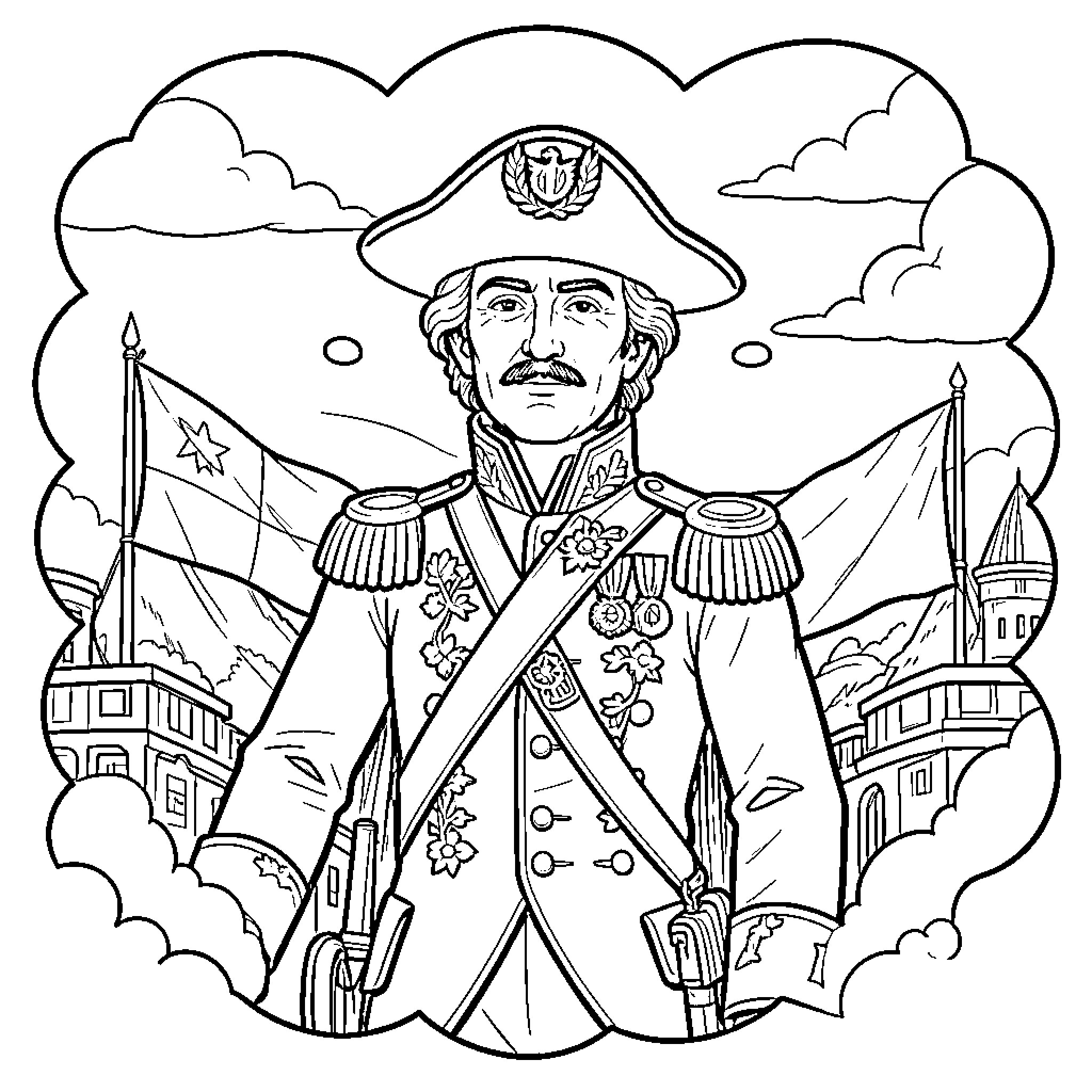 Francisco de Miranda depicted as military commander in uniform Coloring Page (free black-and-white line drawing printable PDF for all, from beginners to advanced learners, including children, teens, adults, and seniors)