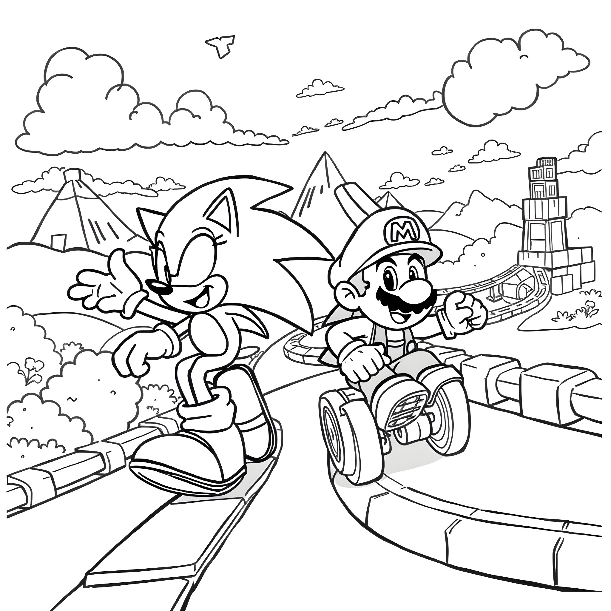 Sonic and Mario Racing Through Vibrant Landscape Coloring Page (free black-and-white line drawing printable PDF for all, from beginners to advanced learners, including children, teens, adults, and seniors)