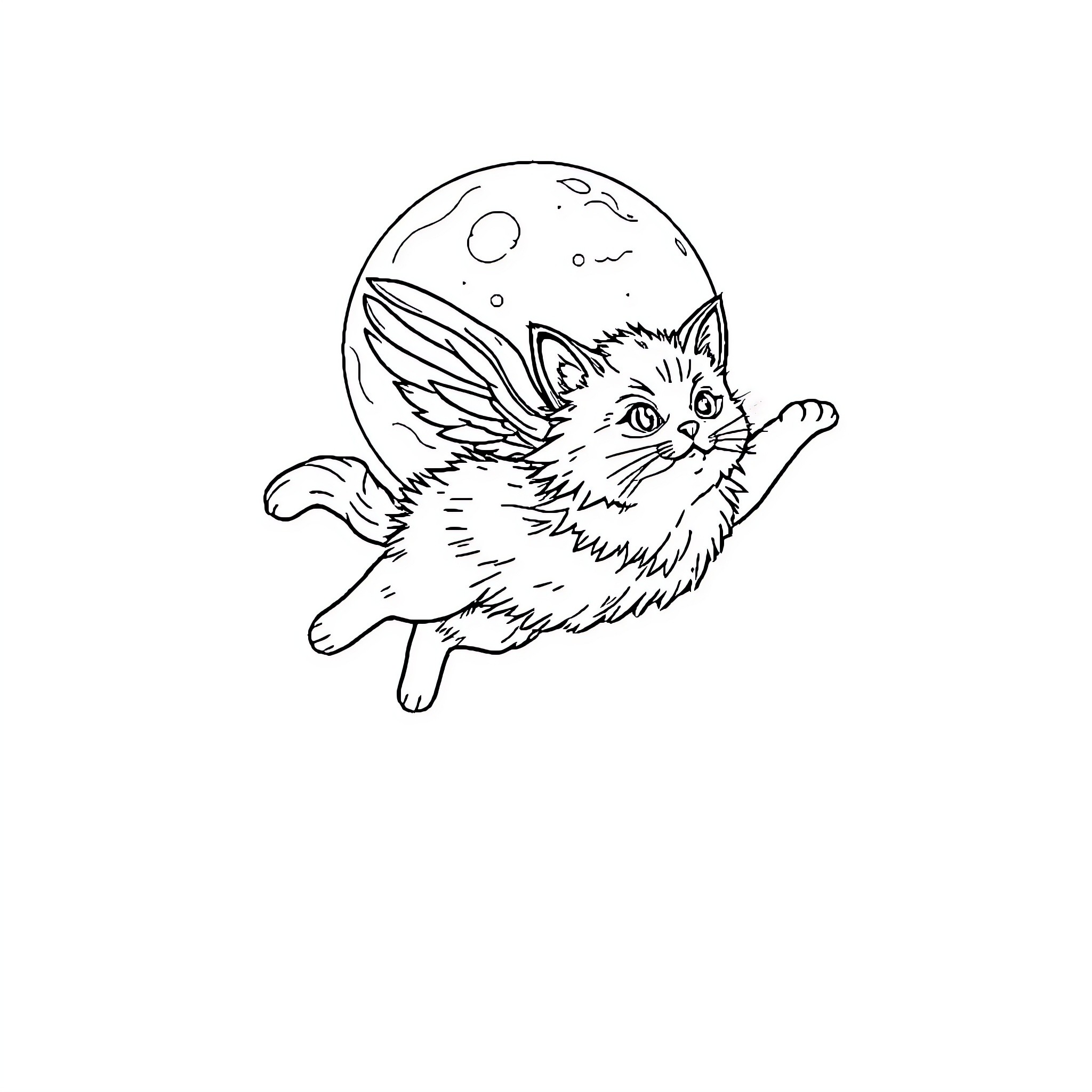 Cat soaring through the night sky Coloring Page (free black-and-white line drawing printable PDF for all, from beginners to advanced learners, including children, teens, adults, and seniors)