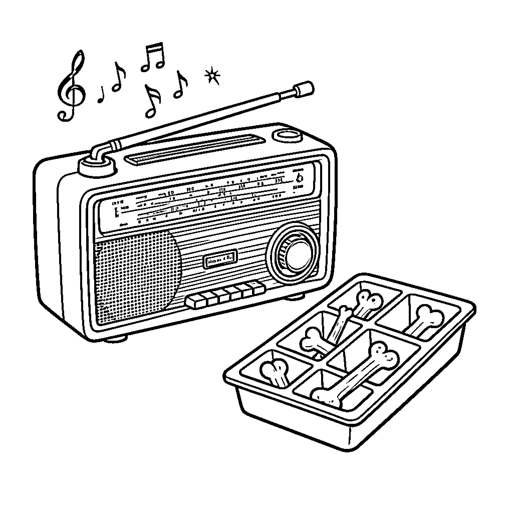 Radio playing tunes with music notes Coloring Page (free black-and-white line drawing printable PDF for all, from beginners to advanced learners, including children, teens, adults, and seniors)