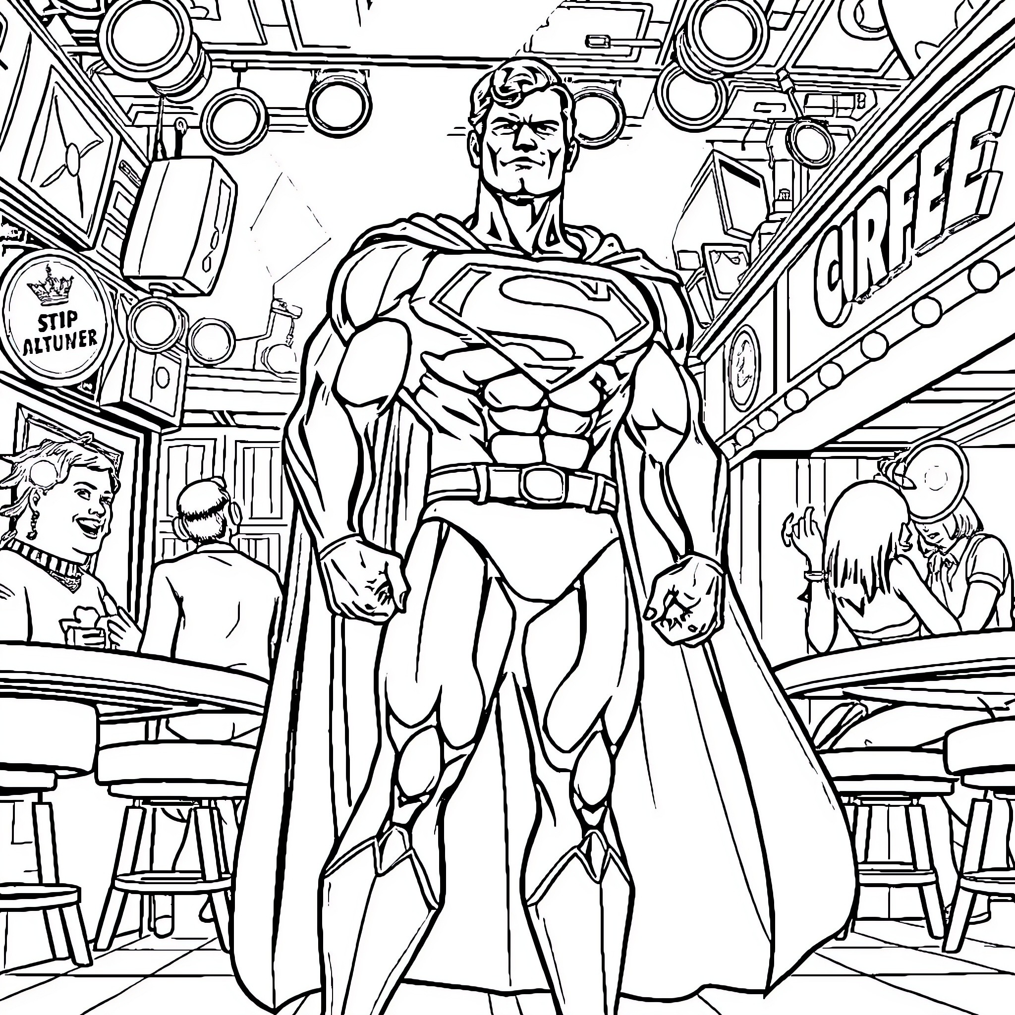 Superman heroically standing tall in a city setting Coloring Page (free black-and-white line drawing printable PDF for all, from beginners to advanced learners, including children, teens, adults, and seniors)