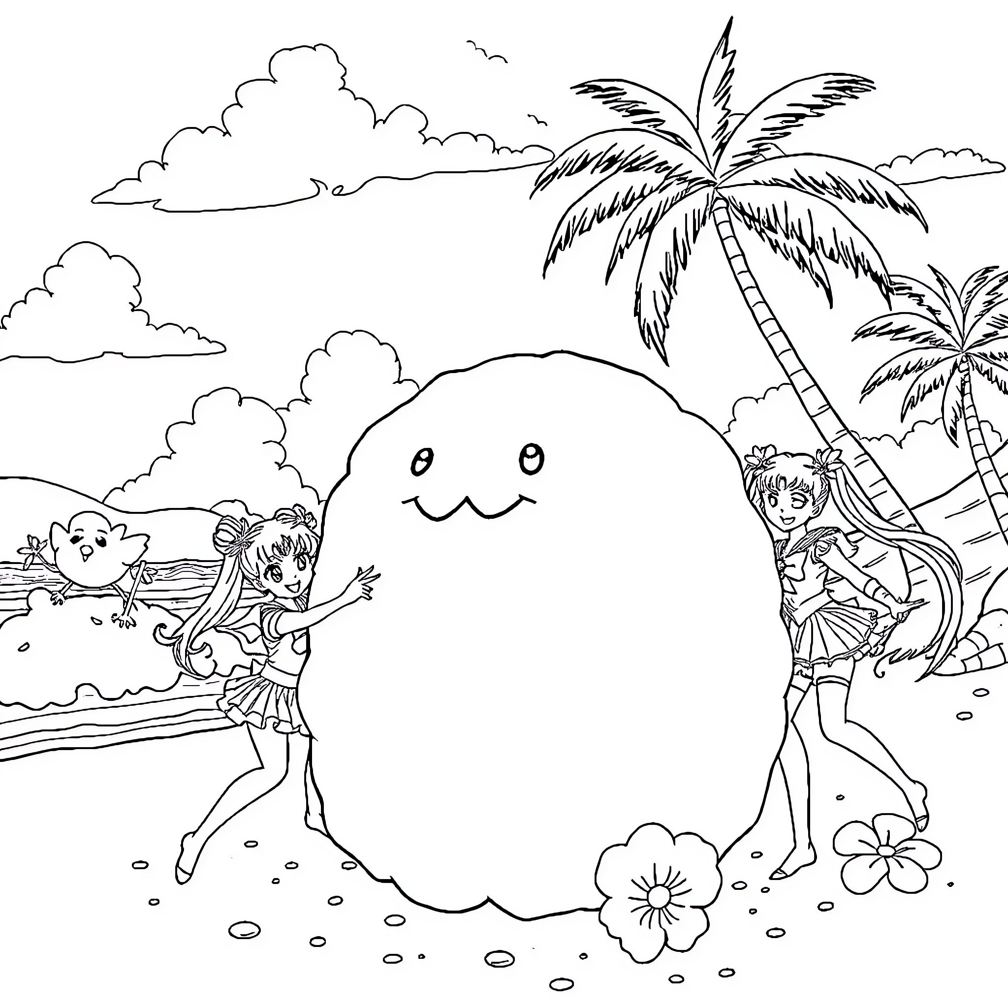 Cardcaptor Sakura enjoying a tropical beach adventure Coloring Page (free black-and-white line drawing printable PDF for all, from beginners to advanced learners, including children, teens, adults, and seniors)