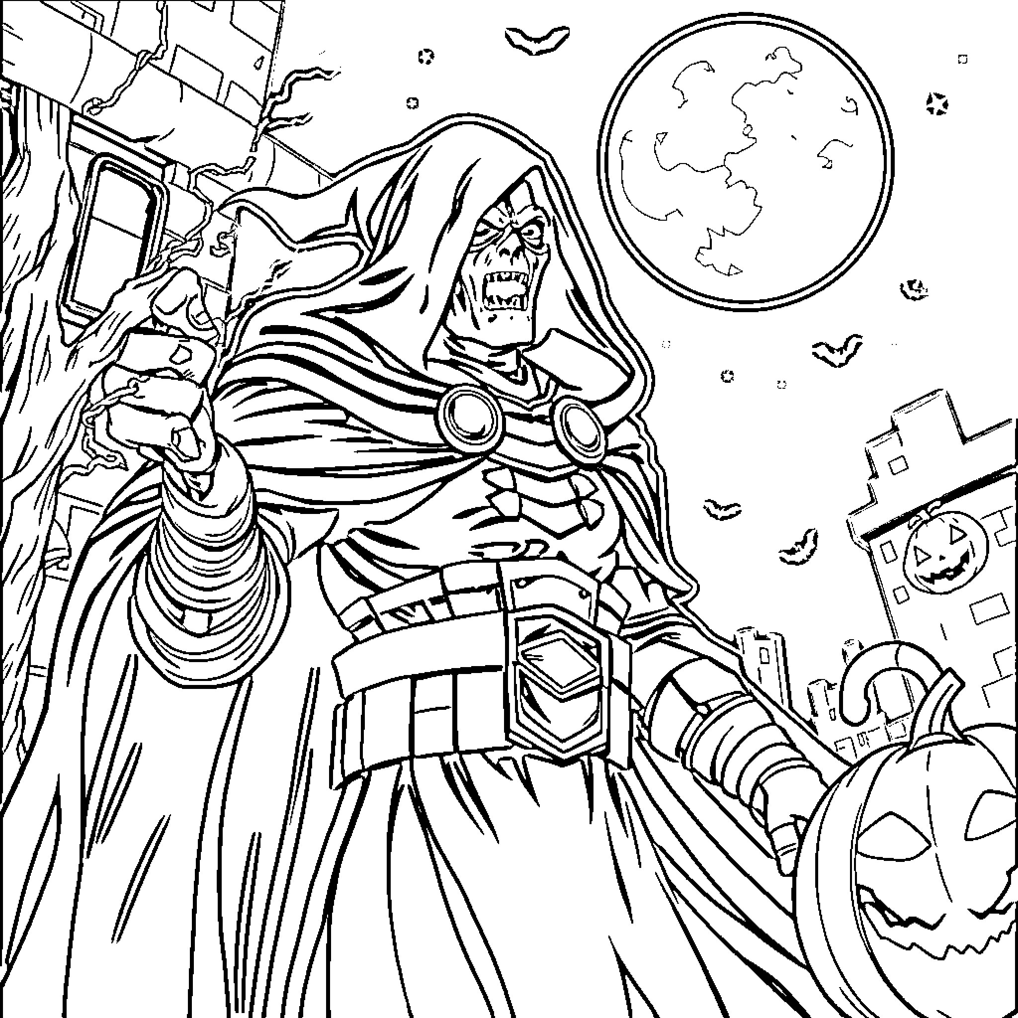 Dr. Doom in an ominous scene with a world globe Coloring Page (free black-and-white line drawing printable PDF for all, from beginners to advanced learners, including children, teens, adults, and seniors)