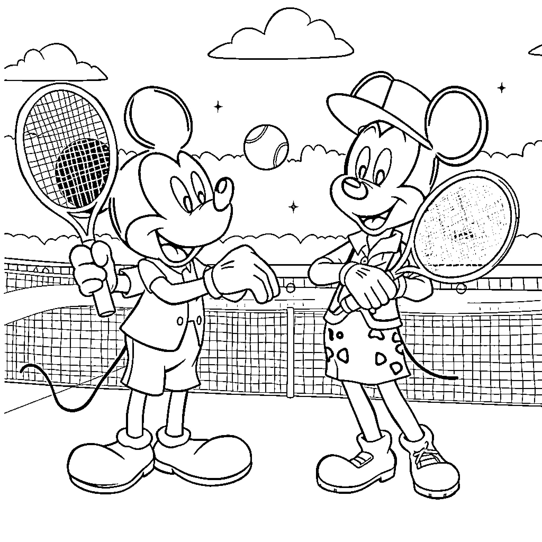 Mickey Mouse playing tennis with friend on court Coloring Page (free black-and-white line drawing printable PDF for all, from beginners to advanced learners, including children, teens, adults, and seniors)