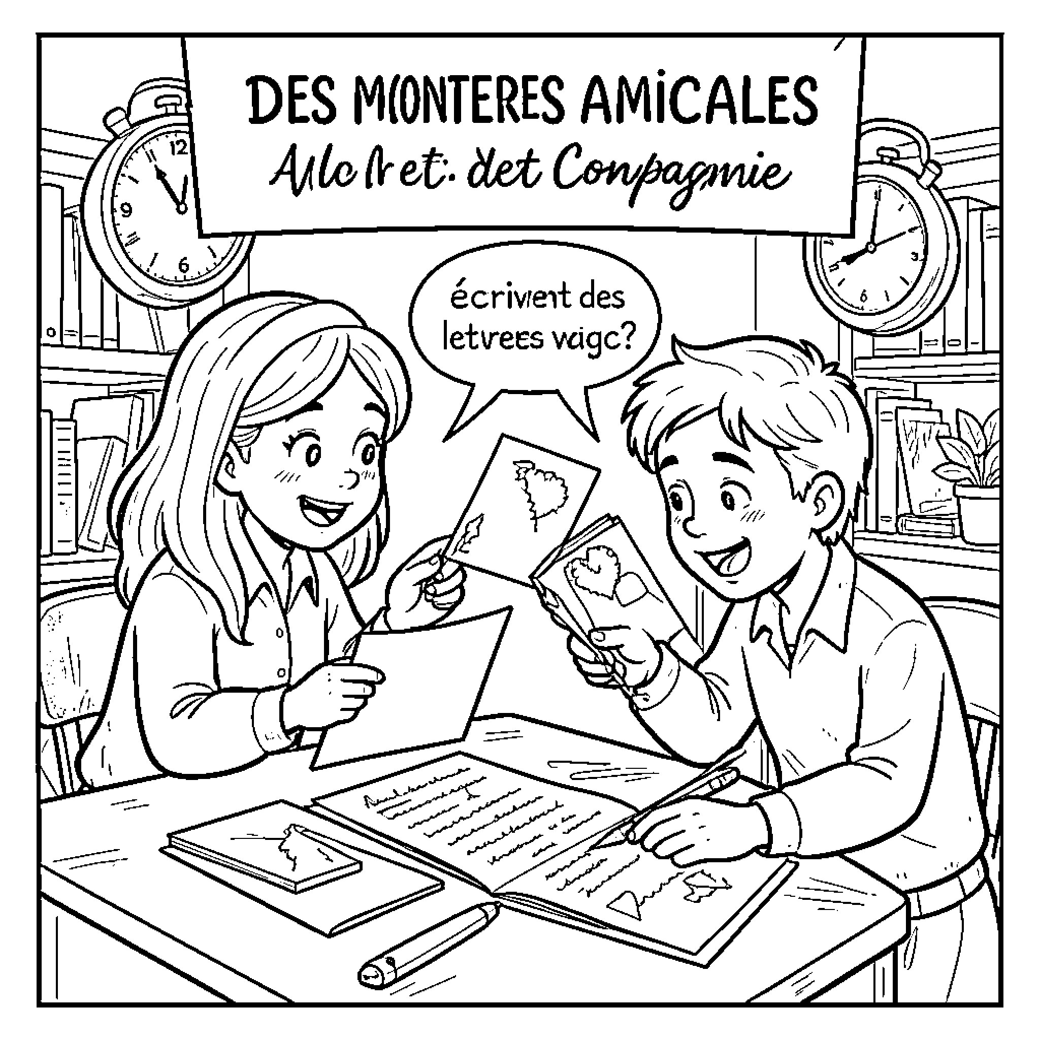 Montre children smiling while writing friendly letters together Coloring Page (free black-and-white line drawing printable PDF for all, from beginners to advanced learners, including children, teens, adults, and seniors)