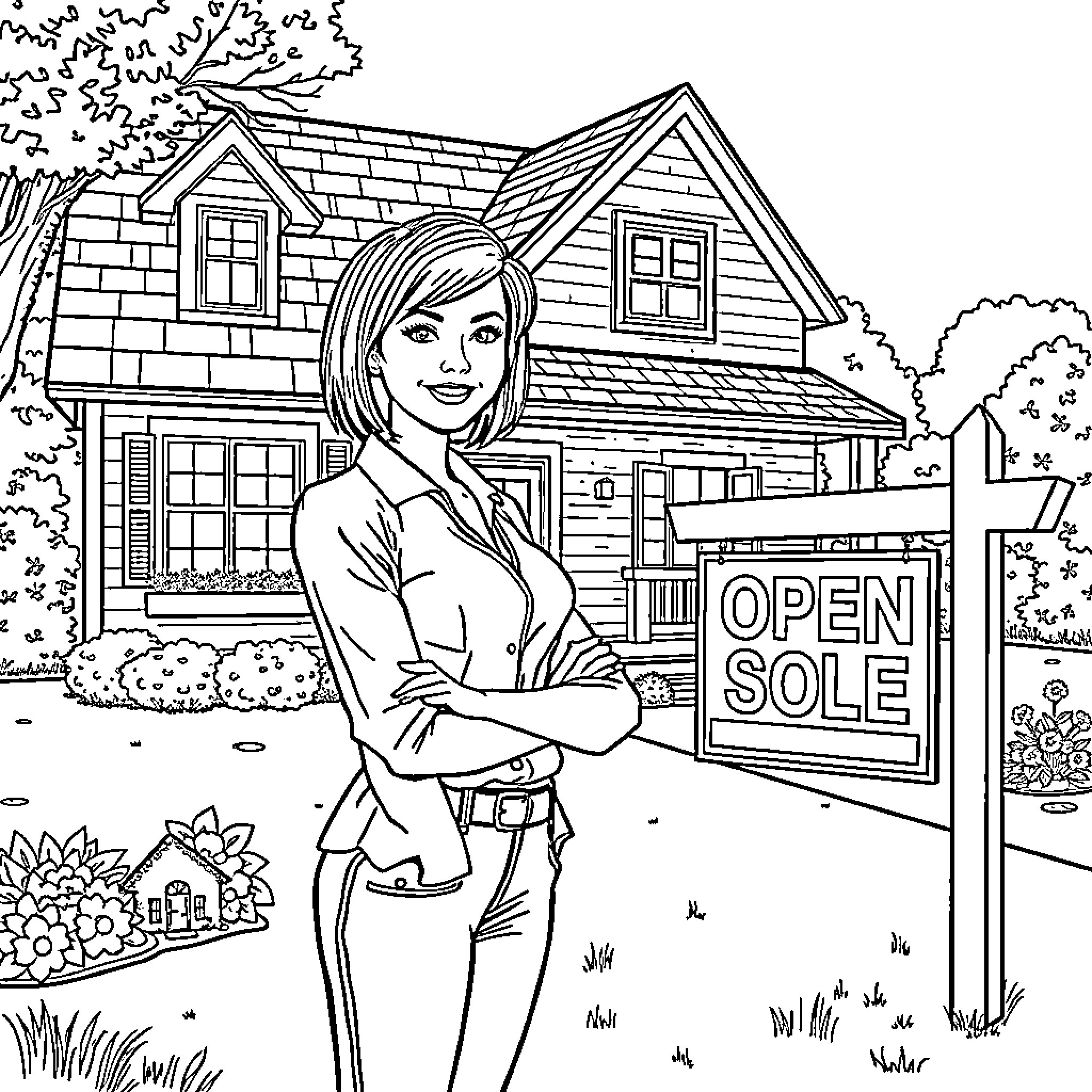 Realtor promoting open house in front of residential home Coloring Page (free black-and-white line drawing printable PDF for all, from beginners to advanced learners, including children, teens, adults, and seniors)