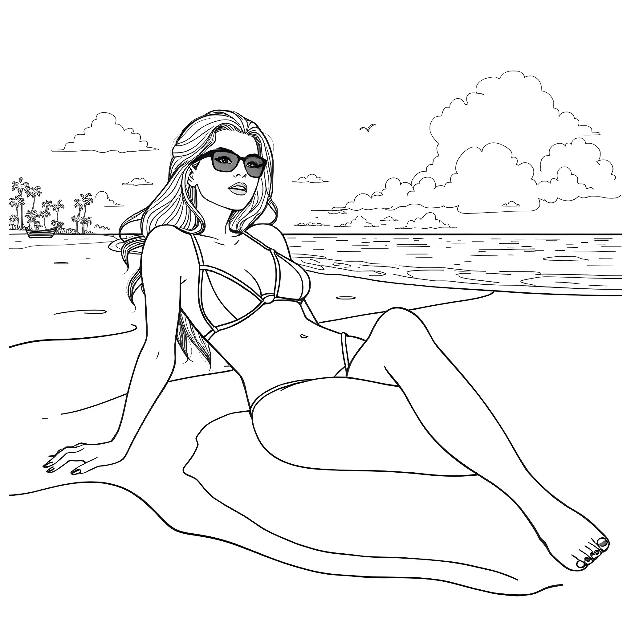 Madison Beer relaxing on the beach Coloring Page (free black-and-white line drawing printable PDF for all, from beginners to advanced learners, including children, teens, adults, and seniors)