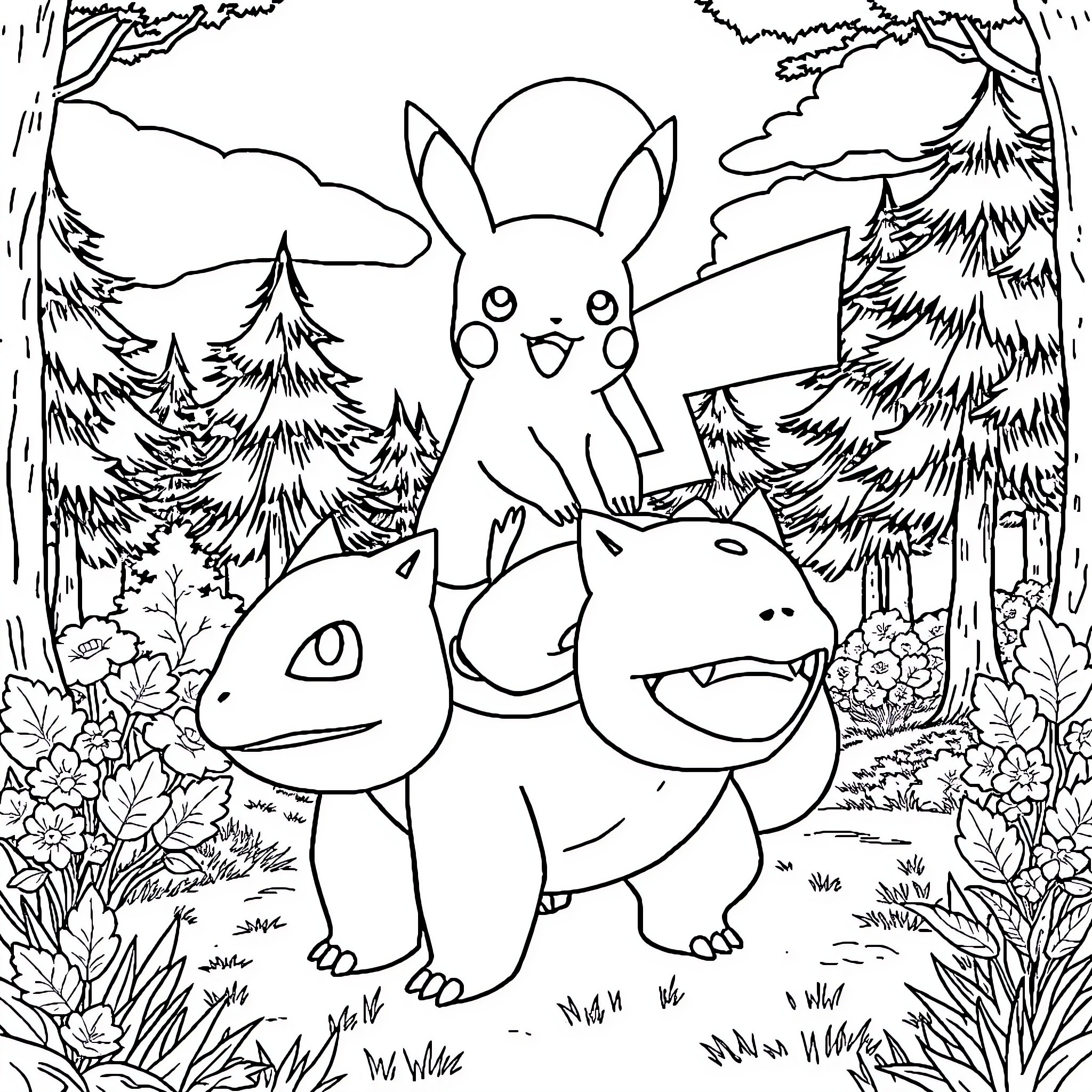 Pikachu playing with Pokemon friends in the forest Coloring Page (free black-and-white line drawing printable PDF for all, from beginners to advanced learners, including children, teens, adults, and seniors)