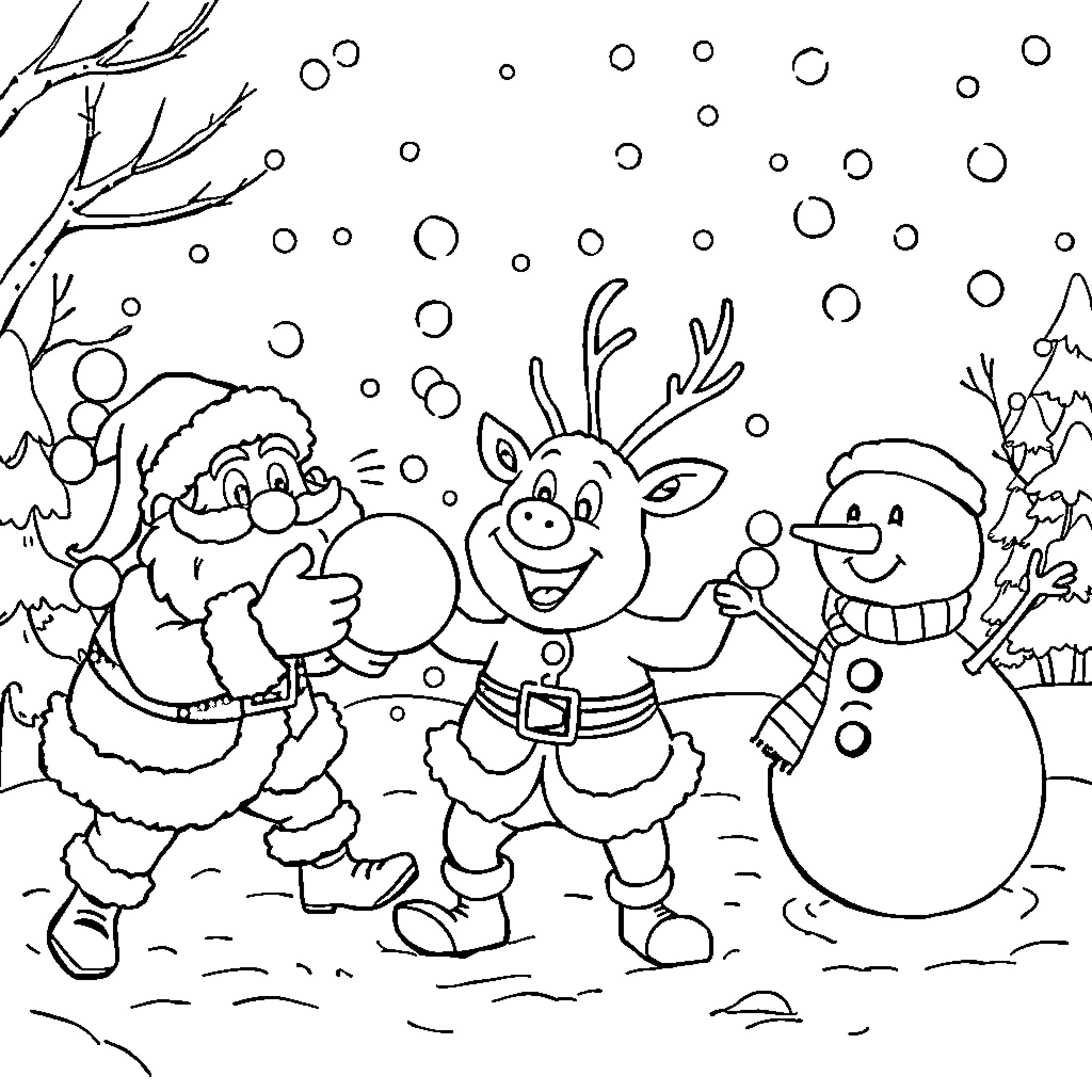 Christmas Characters Celebrating in Snowy Wonderland Coloring Page (free black-and-white line drawing printable PDF for all, from beginners to advanced learners, including children, teens, adults, and seniors)