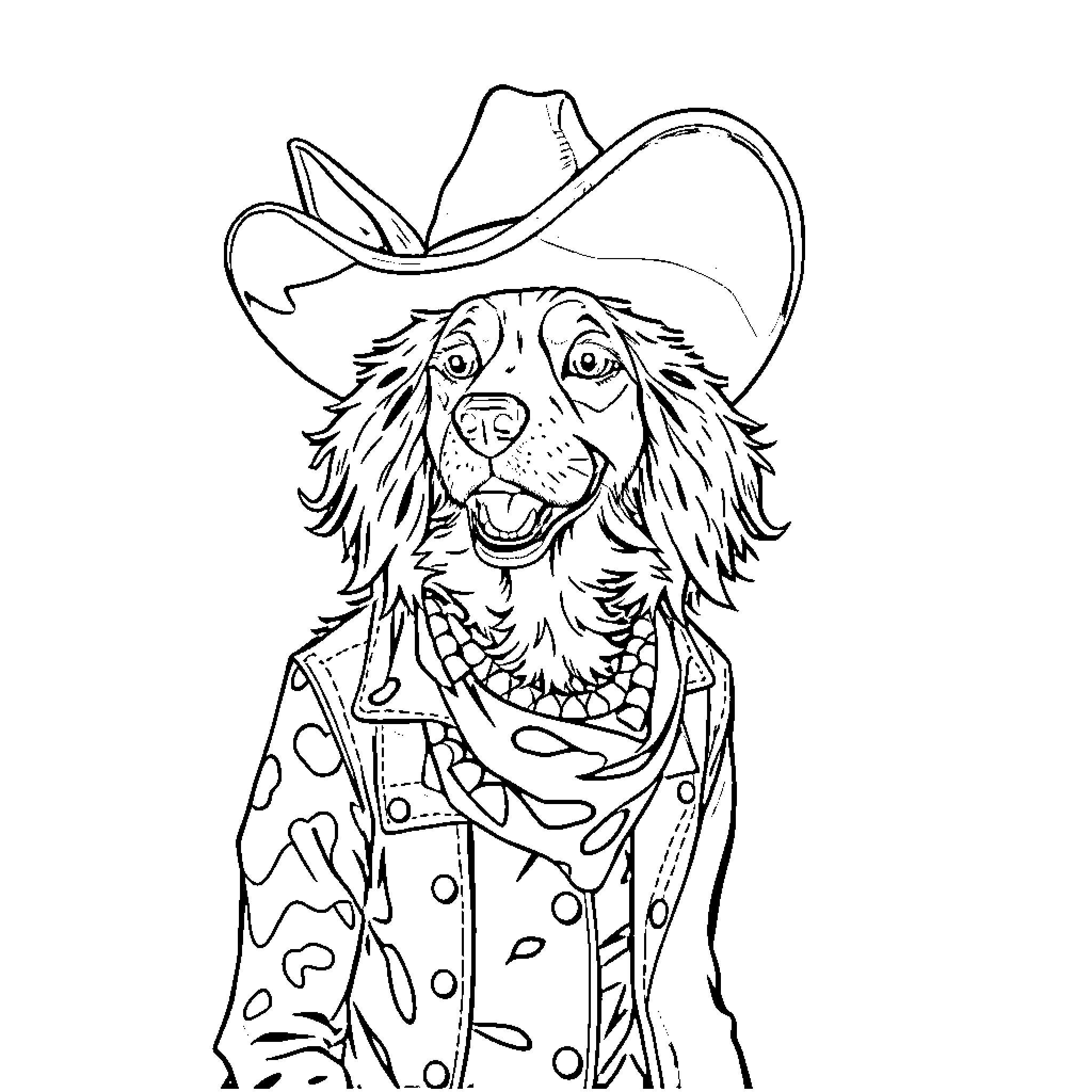 Cruella the Cowboy Dog in Costume Coloring Page (free black-and-white line drawing printable PDF for all, from beginners to advanced learners, including children, teens, adults, and seniors)
