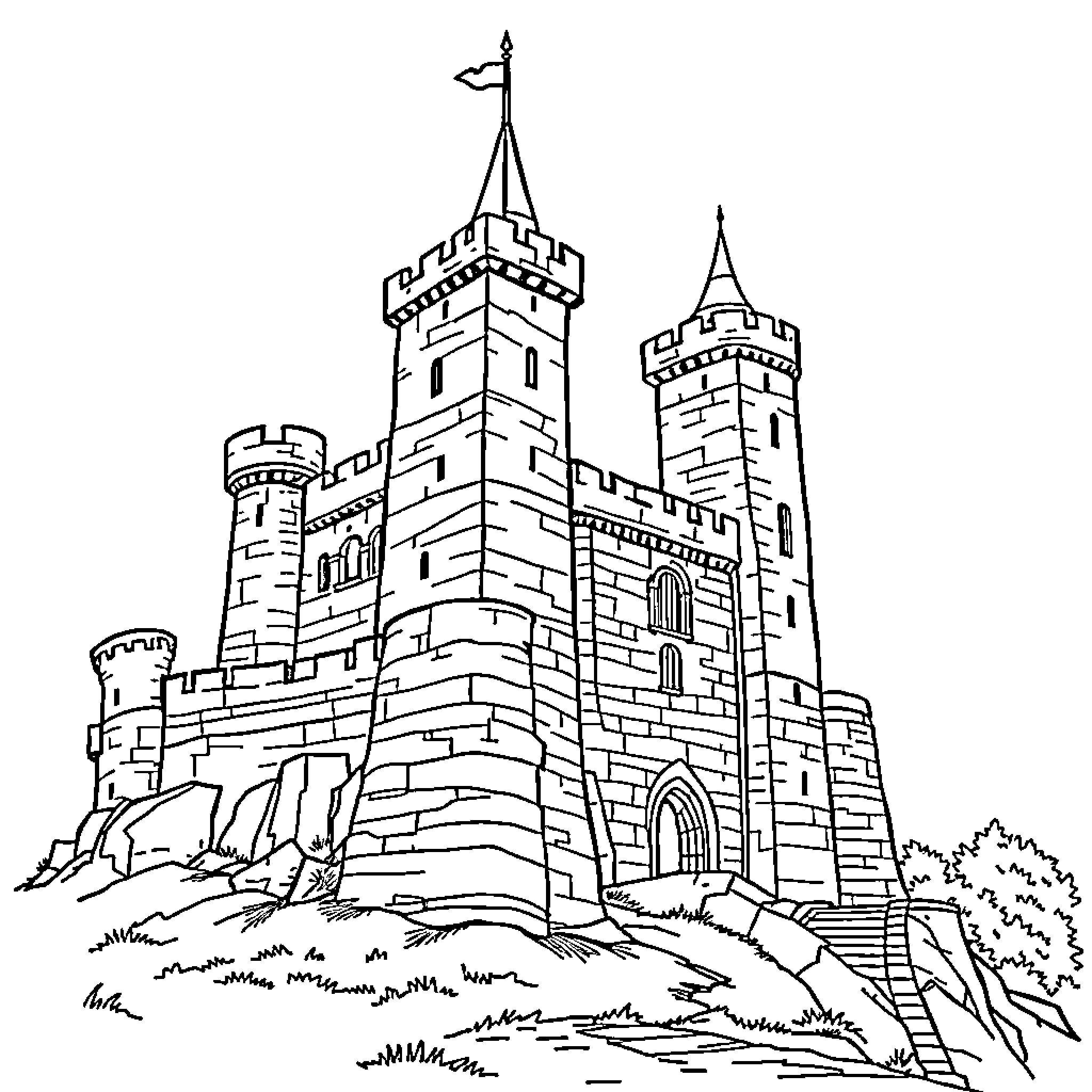 Castle with Towers and Battlements Coloring Page (free black-and-white line drawing printable PDF for all, from beginners to advanced learners, including children, teens, adults, and seniors)