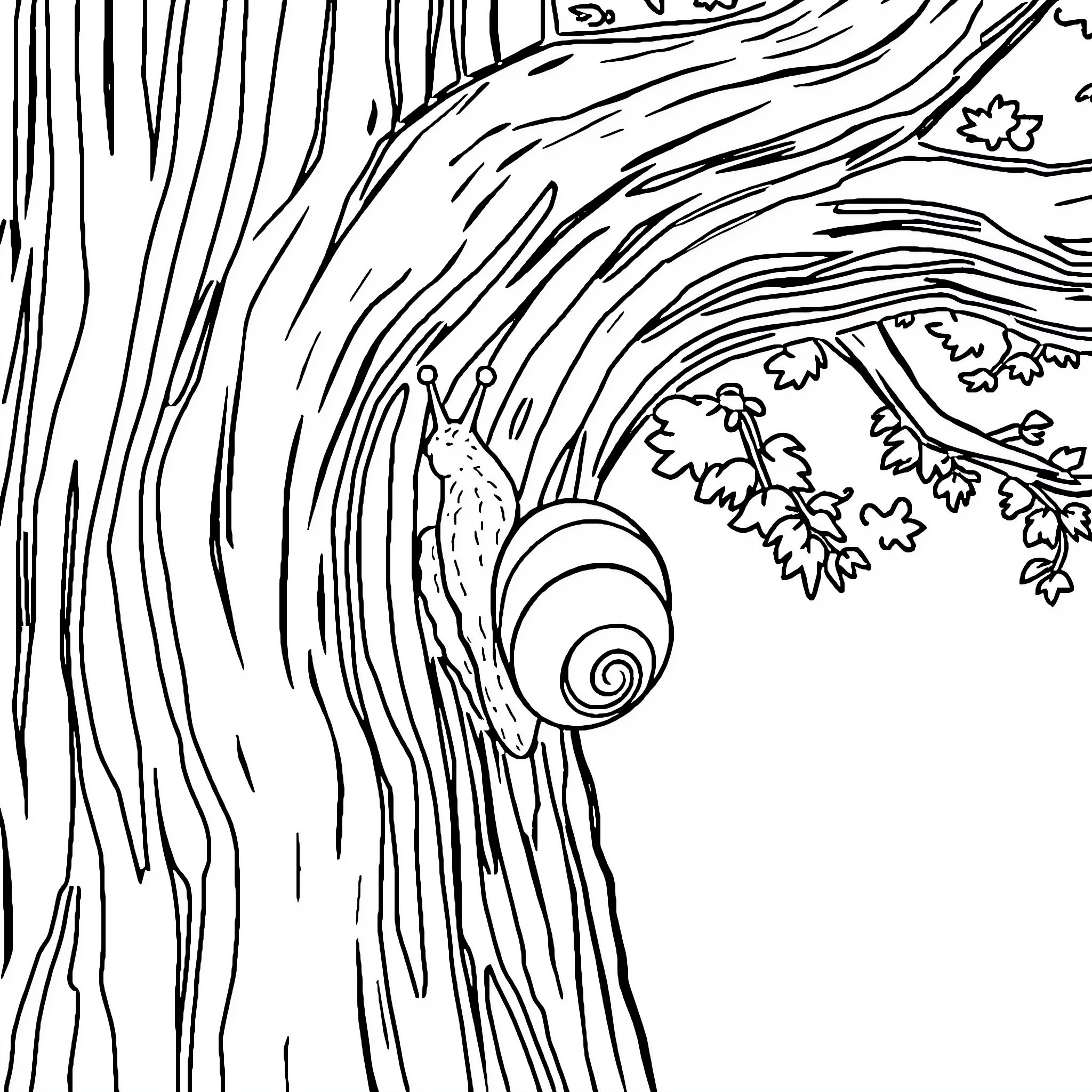 Snail exploring the textured bark of a tree Coloring Page (free black-and-white line drawing printable PDF for all, from beginners to advanced learners, including children, teens, adults, and seniors)