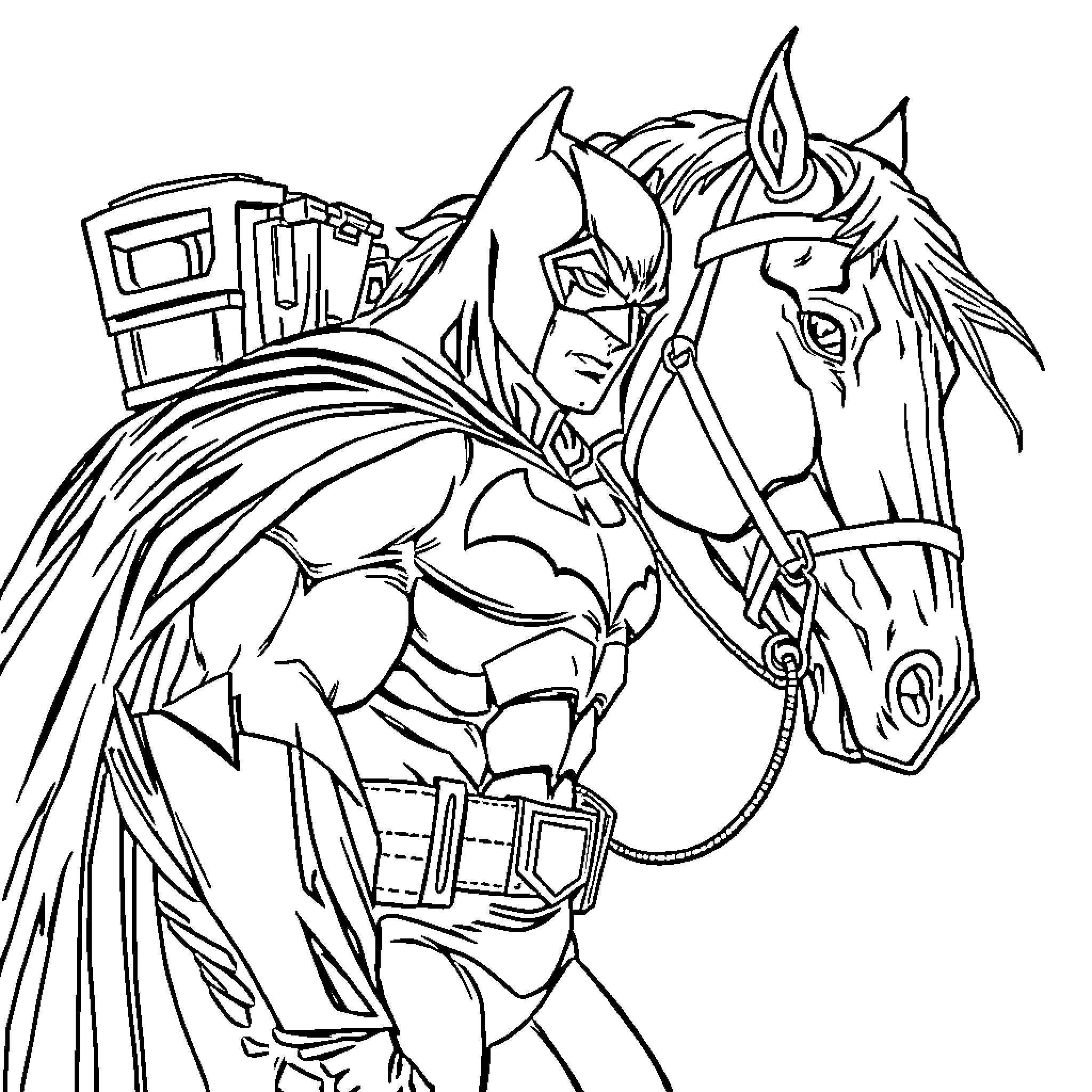 Batman riding a horse in action Coloring Page (free black-and-white line drawing printable PDF for all, from beginners to advanced learners, including children, teens, adults, and seniors)