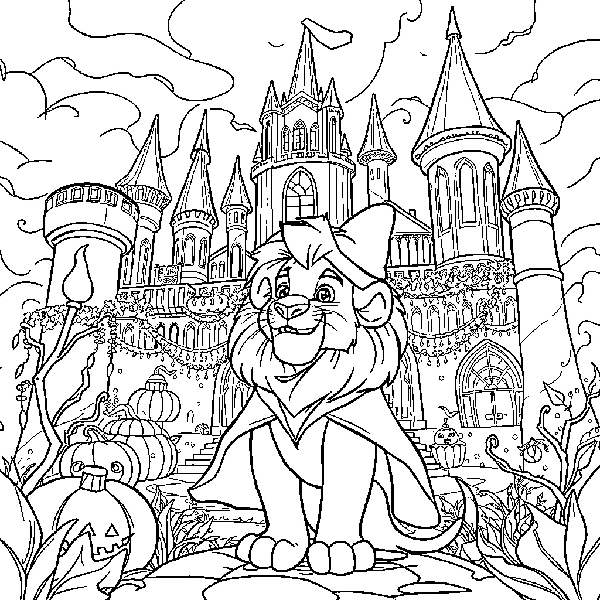 Simba exploring a magical castle with spires and towers Coloring Page (free black-and-white line drawing printable PDF for all, from beginners to advanced learners, including children, teens, adults, and seniors)