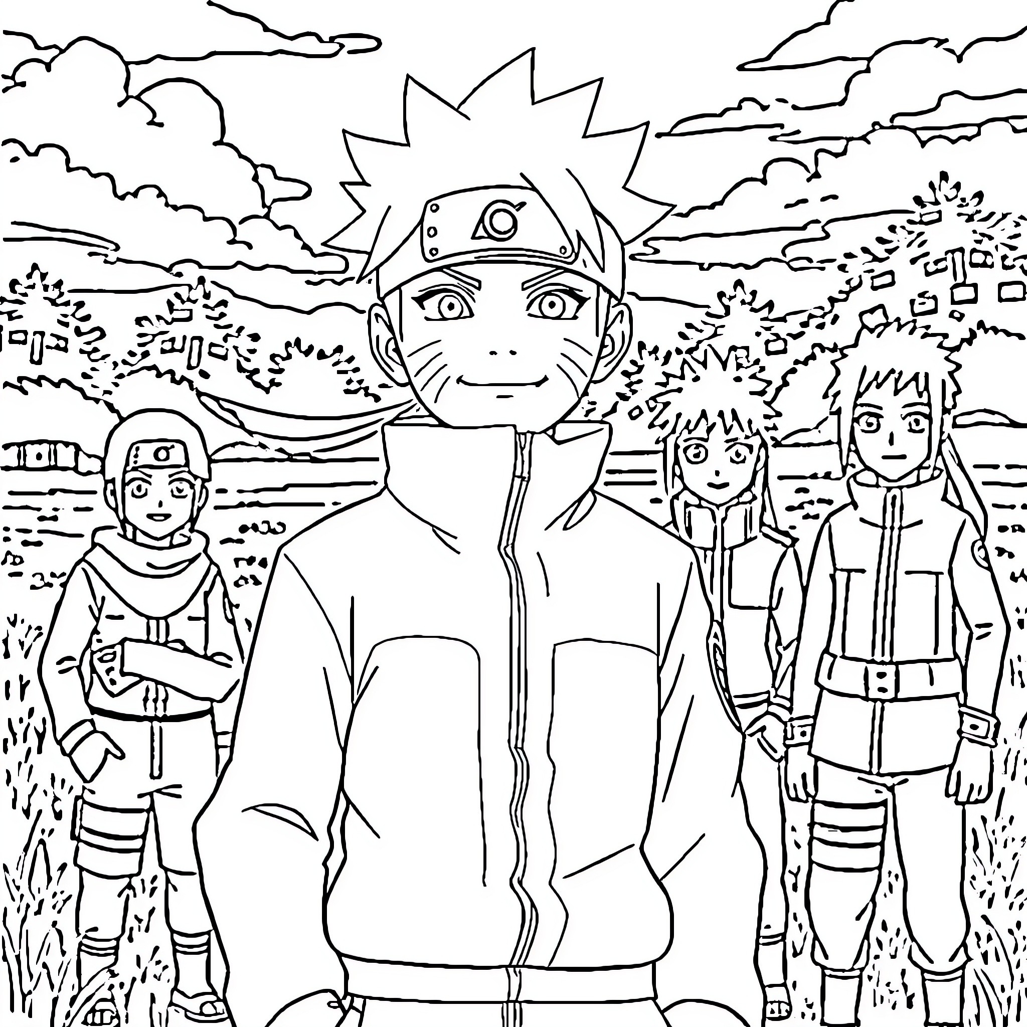 Naruto and his friends in ninja training Coloring Page (free black-and-white line drawing printable PDF for all, from beginners to advanced learners, including children, teens, adults, and seniors)