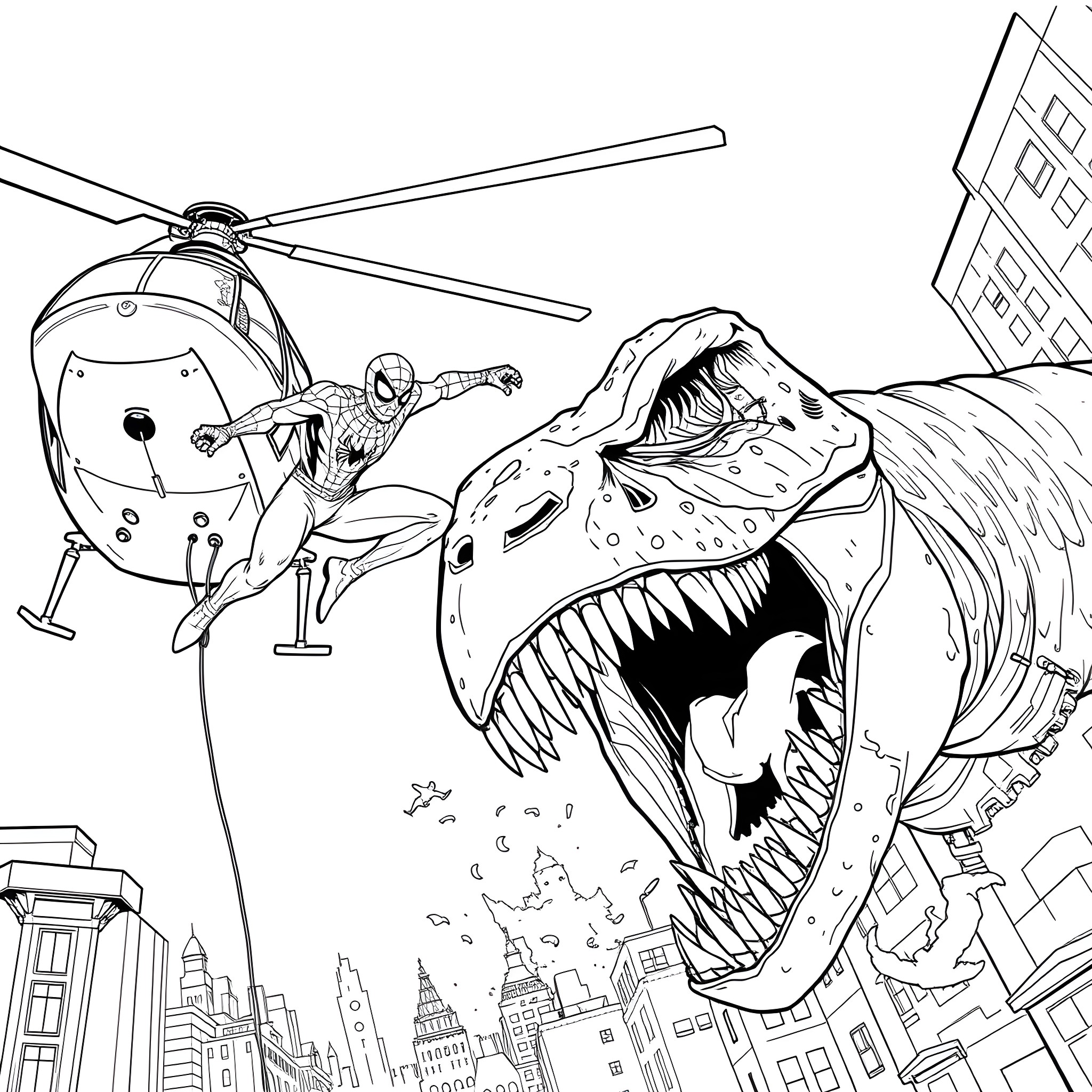 Spider-Man fighting giant monster in city Coloring Page (free black-and-white line drawing printable PDF for all, from beginners to advanced learners, including children, teens, adults, and seniors)