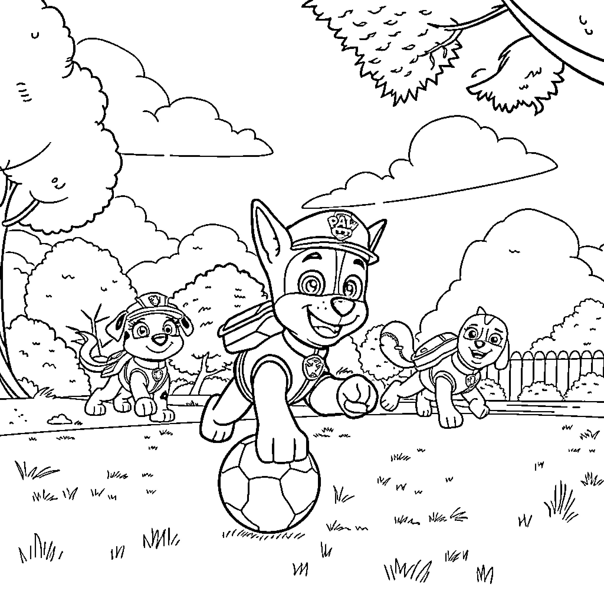 Chase the Paw Patrol Puppies in Outdoor Adventure Coloring Page (free black-and-white line drawing printable PDF for all, from beginners to advanced learners, including children, teens, adults, and seniors)