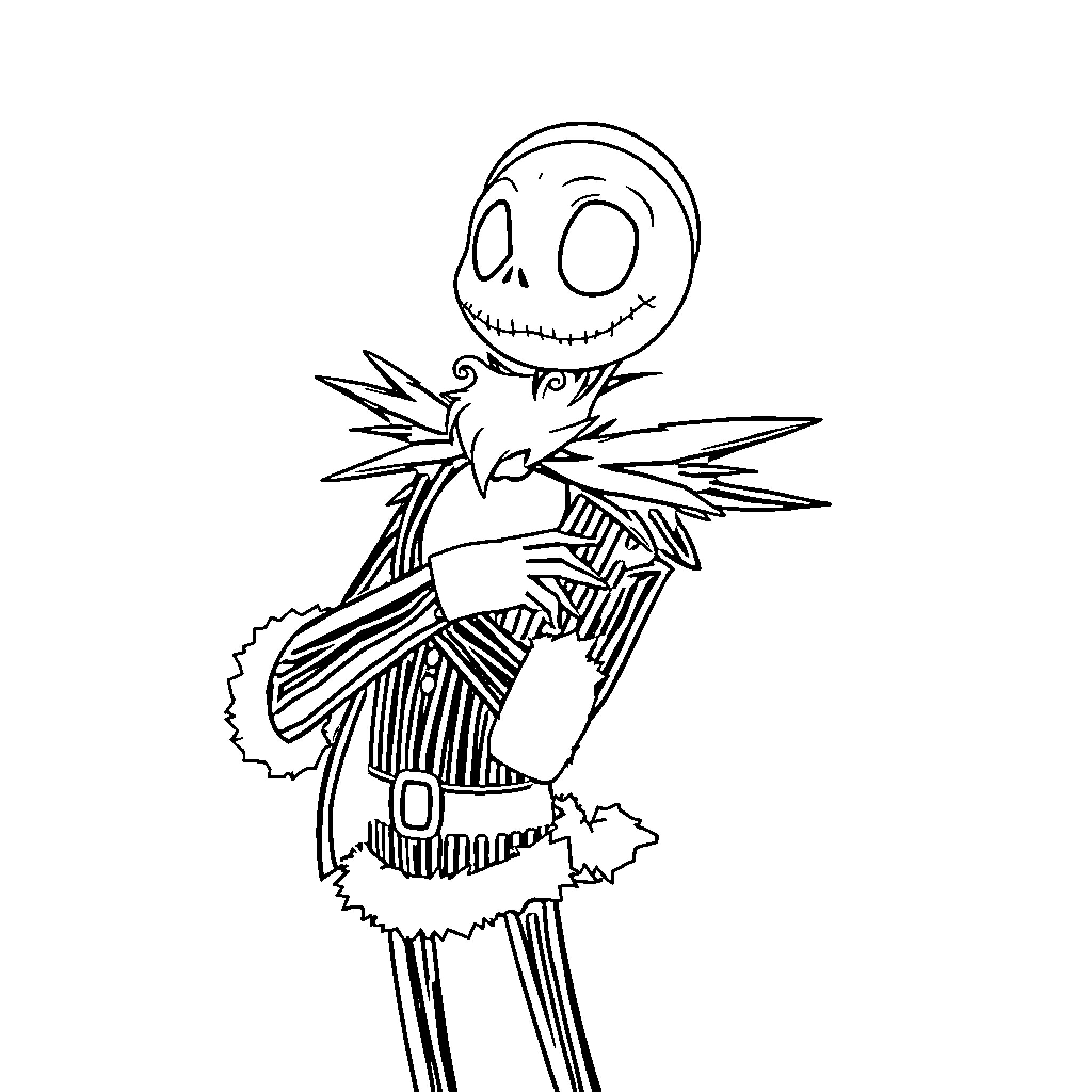 Jack Skellington in his iconic costume and pose Coloring Page (free black-and-white line drawing printable PDF for all, from beginners to advanced learners, including children, teens, adults, and seniors)