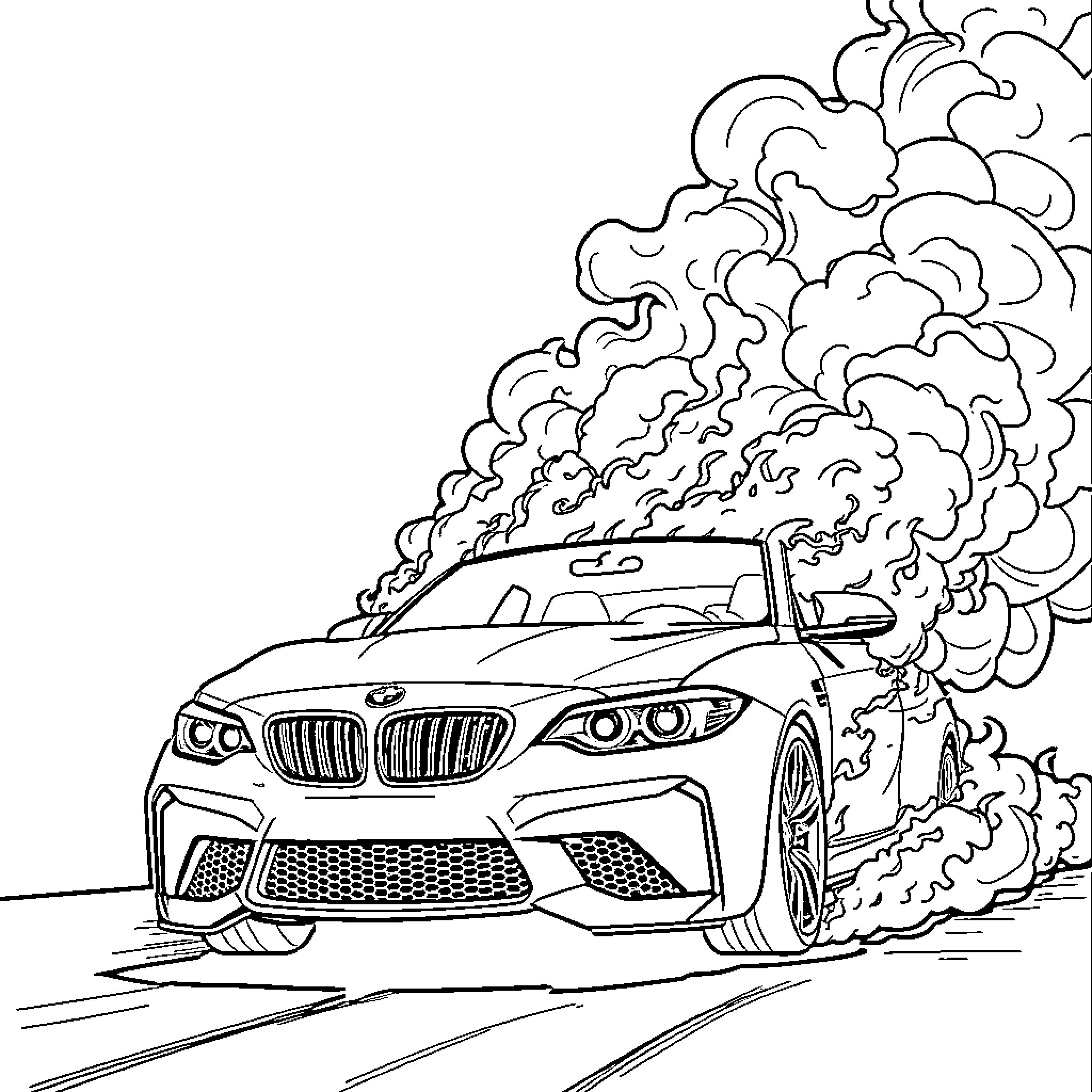 Bmw M2 racing at high speed through smoke and dust Coloring Page (free black-and-white line drawing printable PDF for all, from beginners to advanced learners, including children, teens, adults, and seniors)