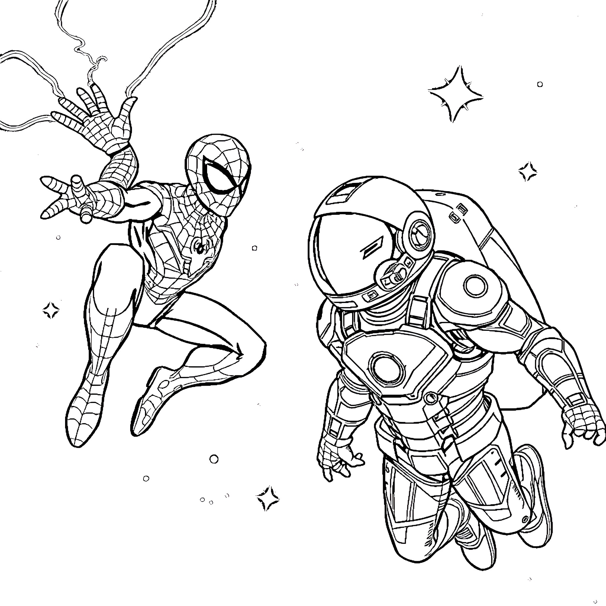 Spider-Man swinging into action with a futuristic Iron Spider Coloring Page (free black-and-white line drawing printable PDF for all, from beginners to advanced learners, including children, teens, adults, and seniors)