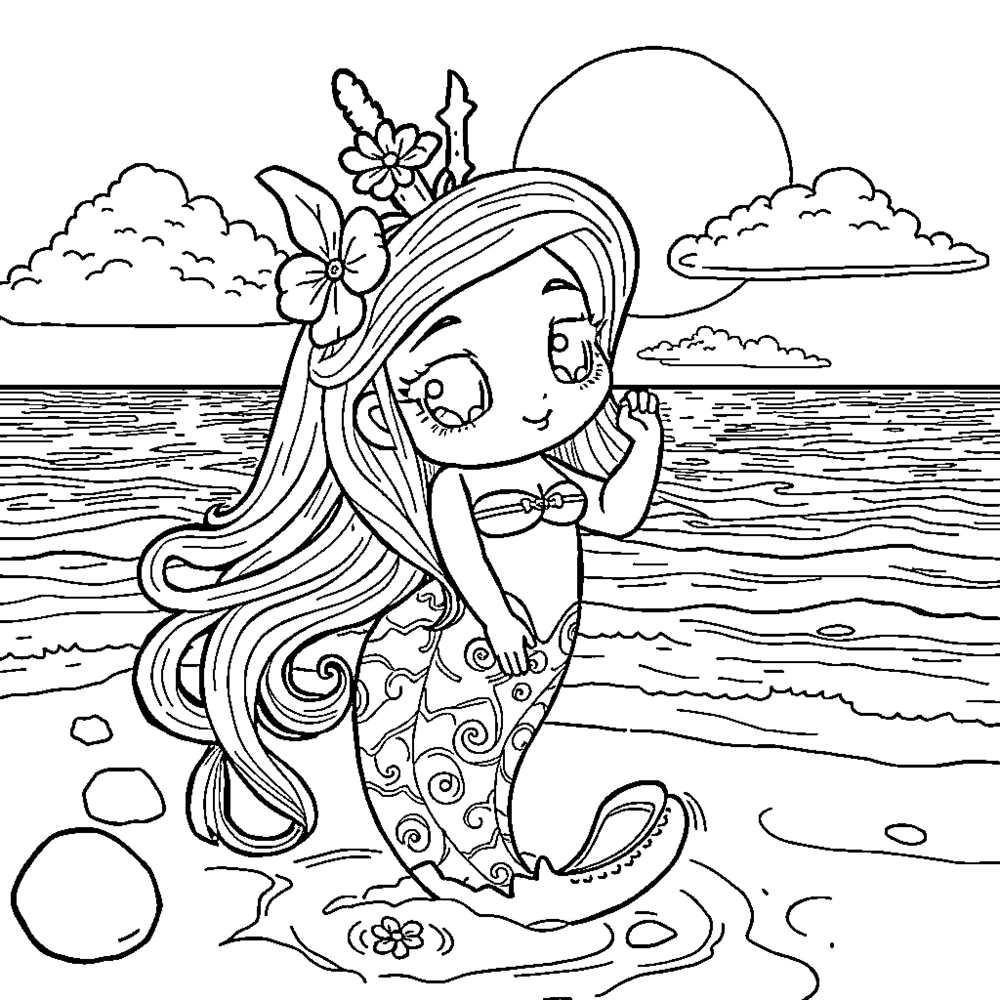 Mermaid relaxing on the beach with flowers Coloring Page (free black-and-white line drawing printable PDF for all, from beginners to advanced learners, including children, teens, adults, and seniors)