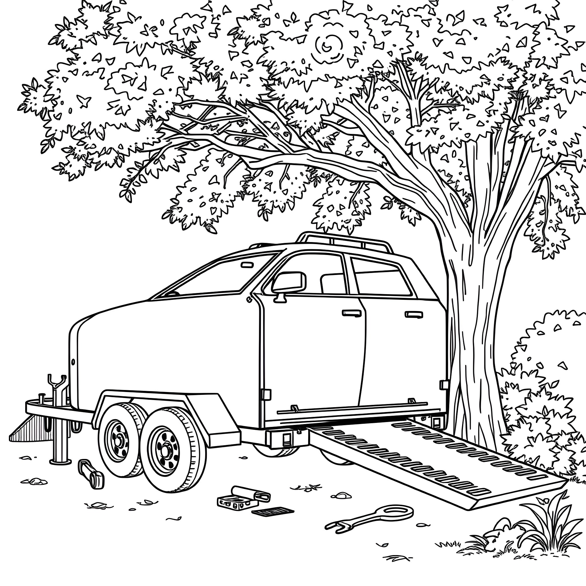 Car Trailer Parked Under a Shady Tree Coloring Page (free black-and-white line drawing printable PDF for all, from beginners to advanced learners, including children, teens, adults, and seniors)