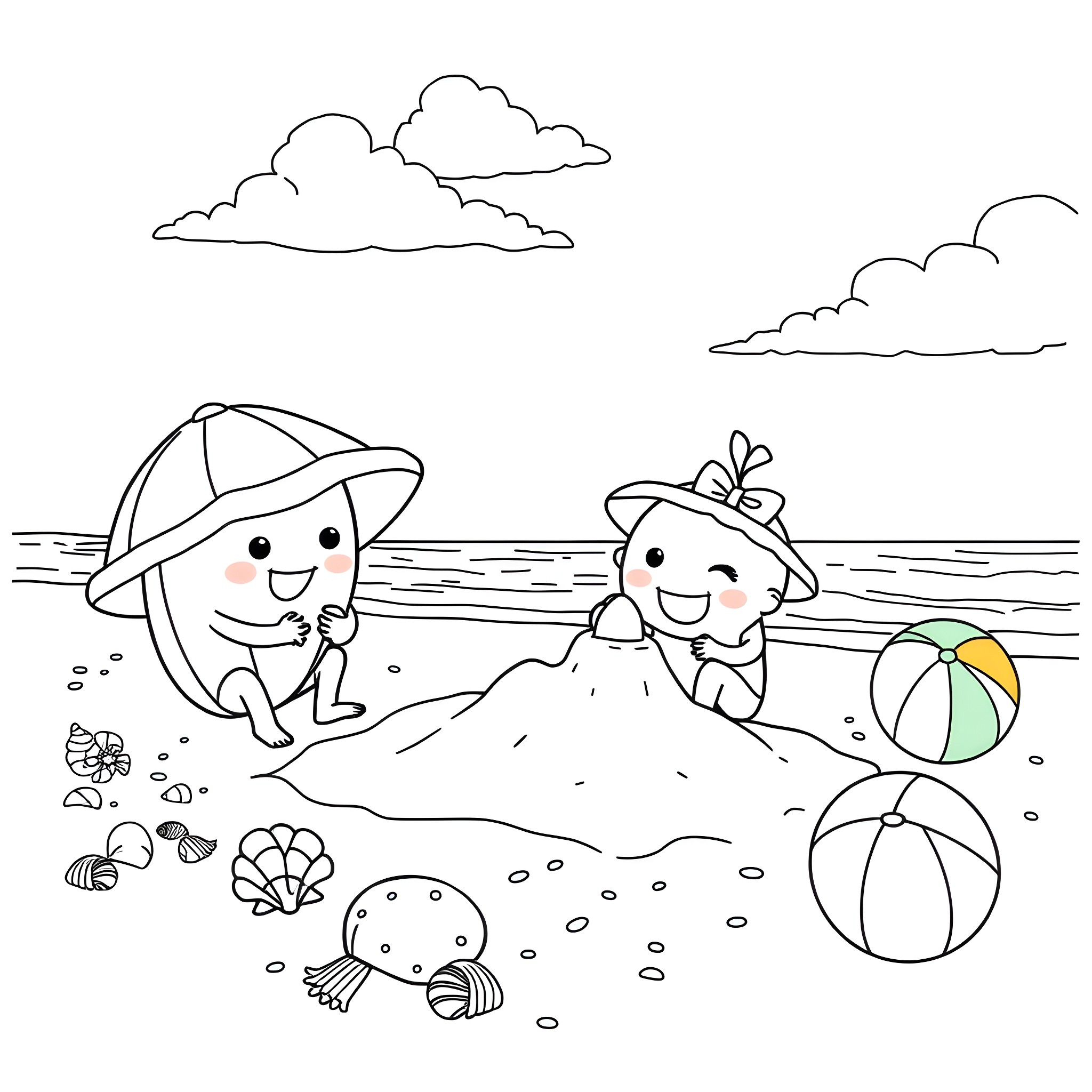 Cocomelon Characters Playing on the Beach Coloring Page (free black-and-white line drawing printable PDF for all, from beginners to advanced learners, including children, teens, adults, and seniors)