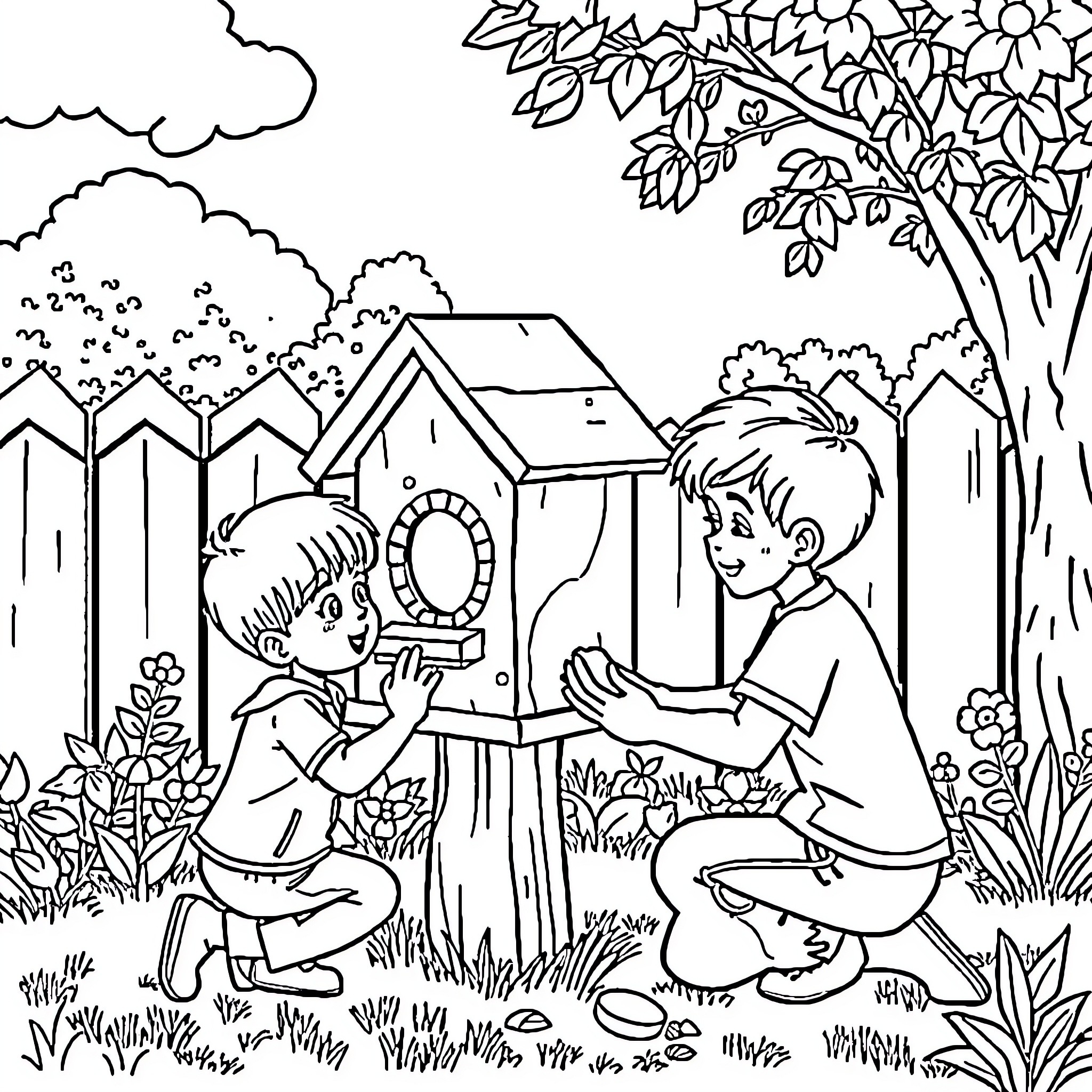 Birdhouse filled with children playing outdoors Coloring Page (free black-and-white line drawing printable PDF for all, from beginners to advanced learners, including children, teens, adults, and seniors)