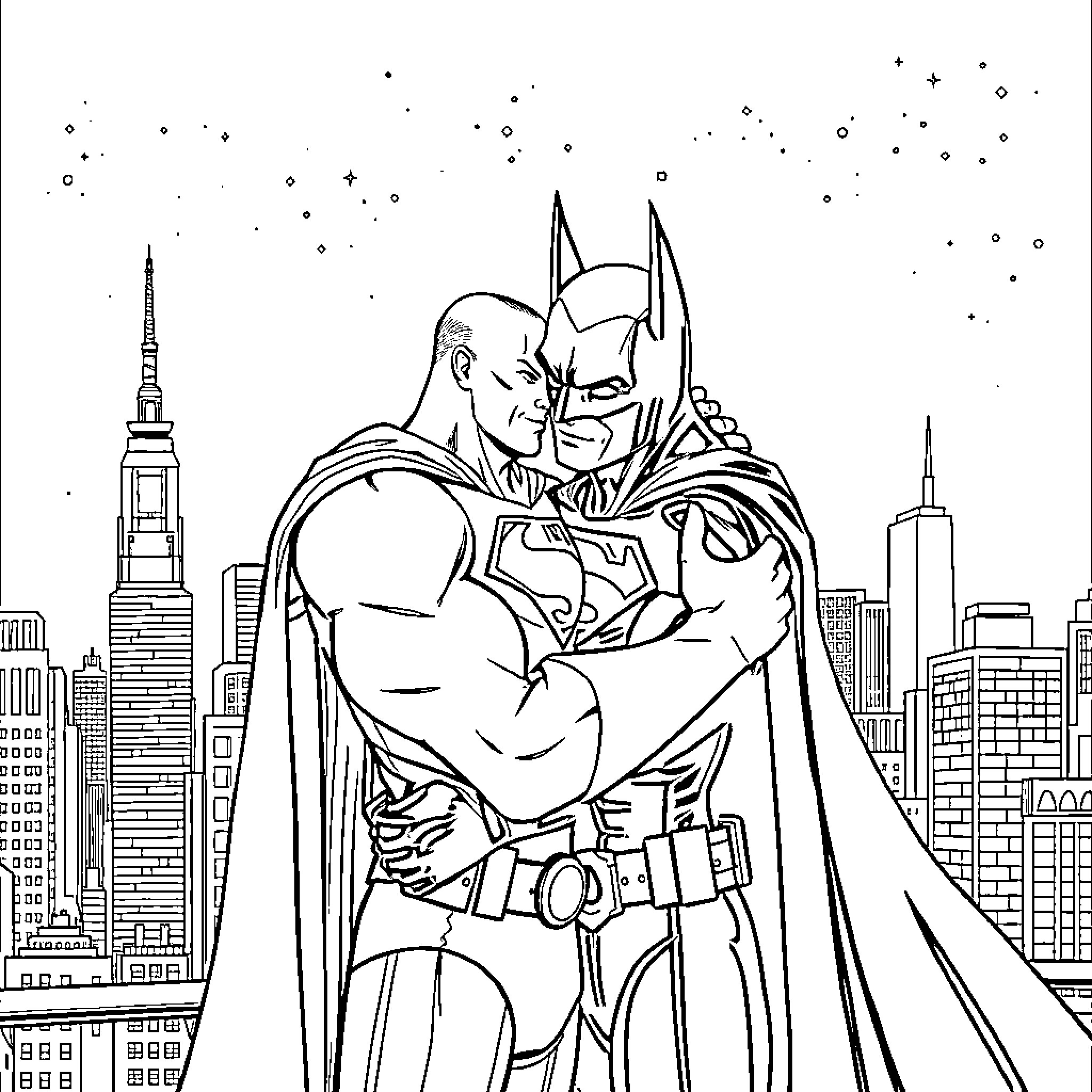 Batman and Superman facing off in the city Coloring Page (free black-and-white line drawing printable PDF for all, from beginners to advanced learners, including children, teens, adults, and seniors)