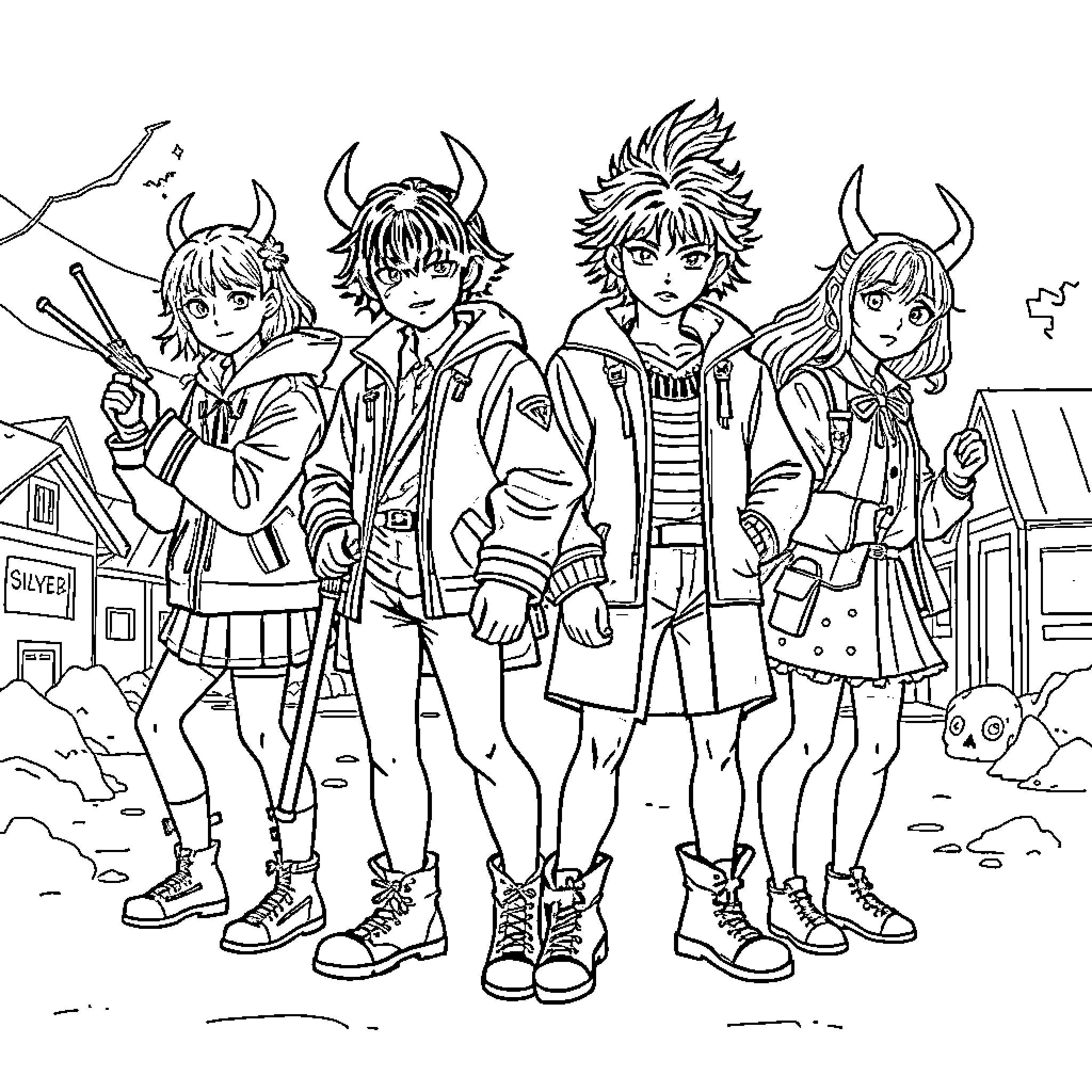 Demon Hunters battling with their unique outfits and weapons Coloring Page (free black-and-white line drawing printable PDF for all, from beginners to advanced learners, including children, teens, adults, and seniors)