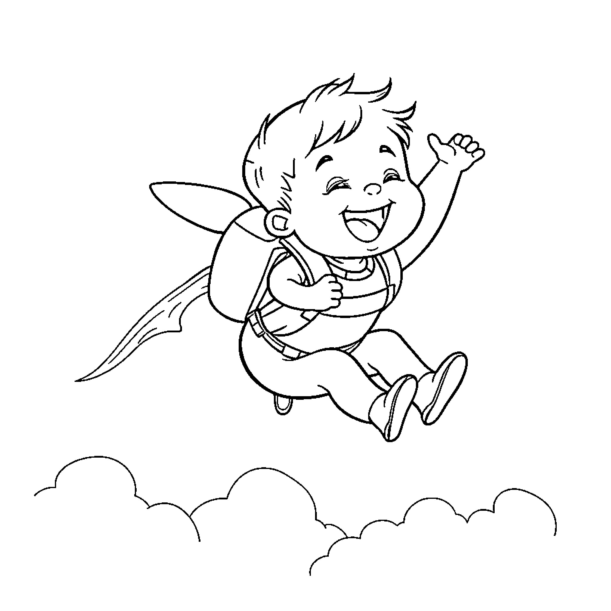 Baby flying joyfully in the sky Coloring Page (free black-and-white line drawing printable PDF for all, from beginners to advanced learners, including children, teens, adults, and seniors)