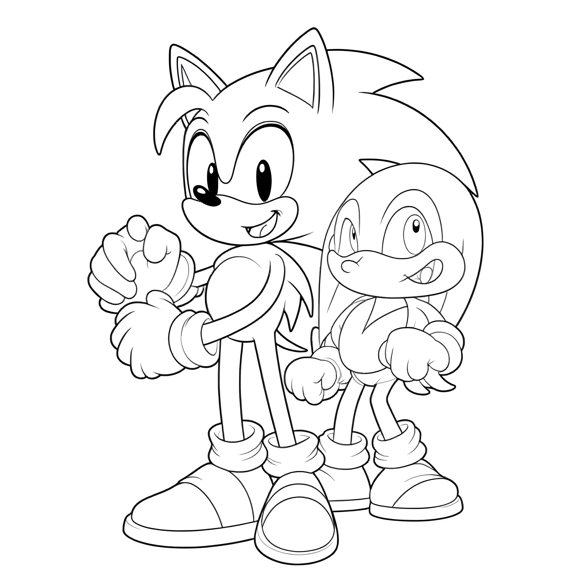 Sonic and his friend in action Coloring Page (free black-and-white line drawing printable PDF for all, from beginners to advanced learners, including children, teens, adults, and seniors)