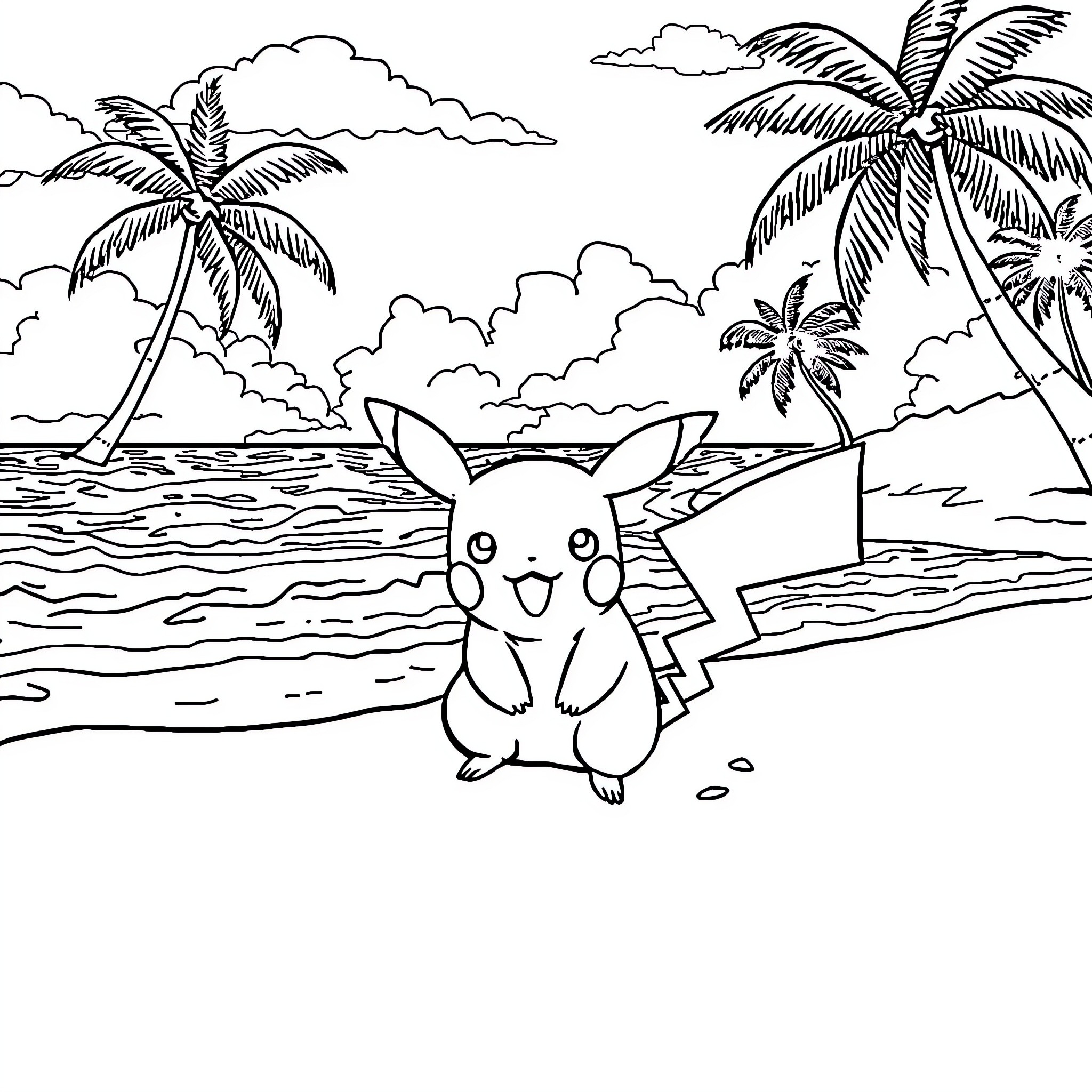 Pikachu enjoying tropical beach scene Coloring Page (free black-and-white line drawing printable PDF for all, from beginners to advanced learners, including children, teens, adults, and seniors)