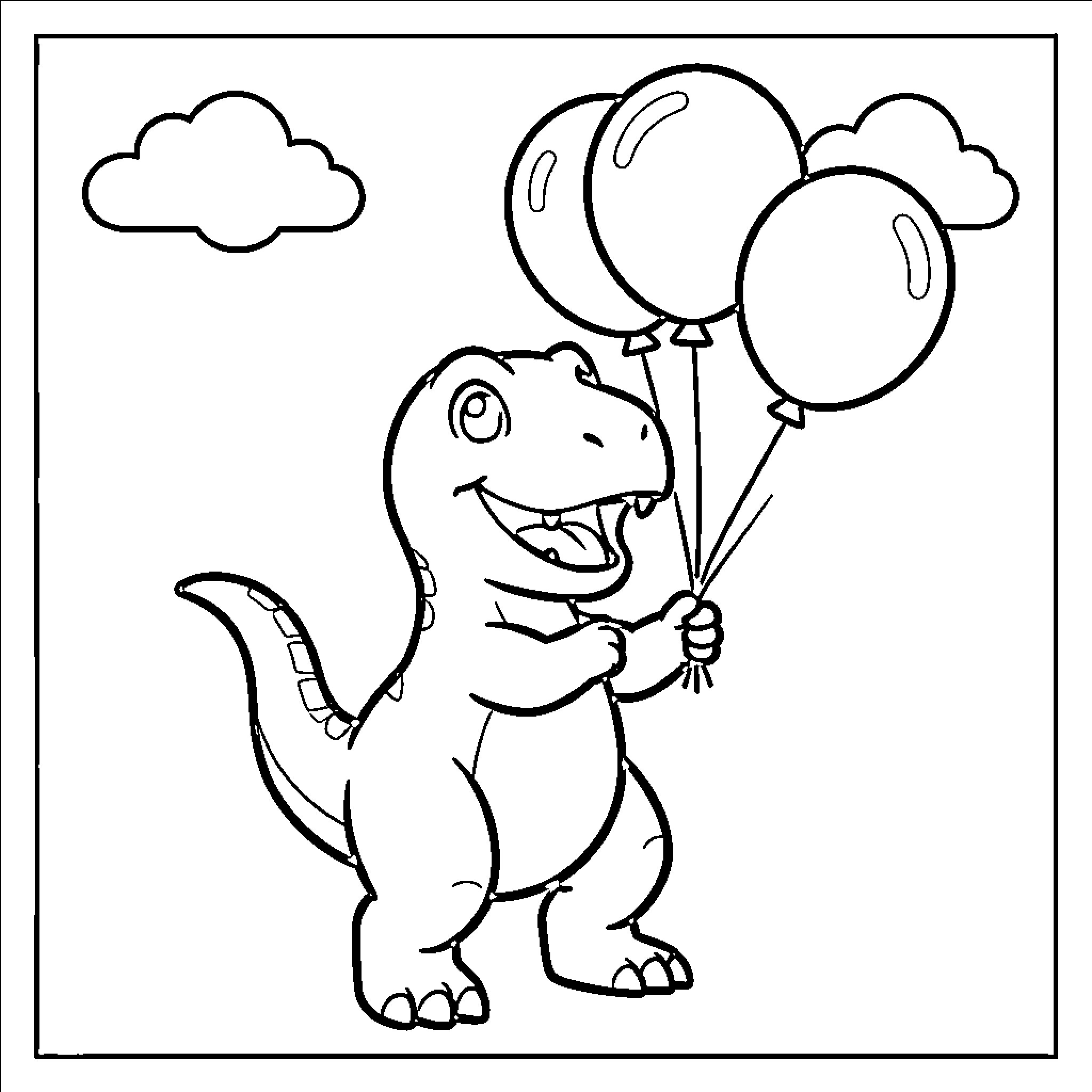Baby T-Rex holding balloons and smiling happily Coloring Page (free black-and-white line drawing printable PDF for all, from beginners to advanced learners, including children, teens, adults, and seniors)