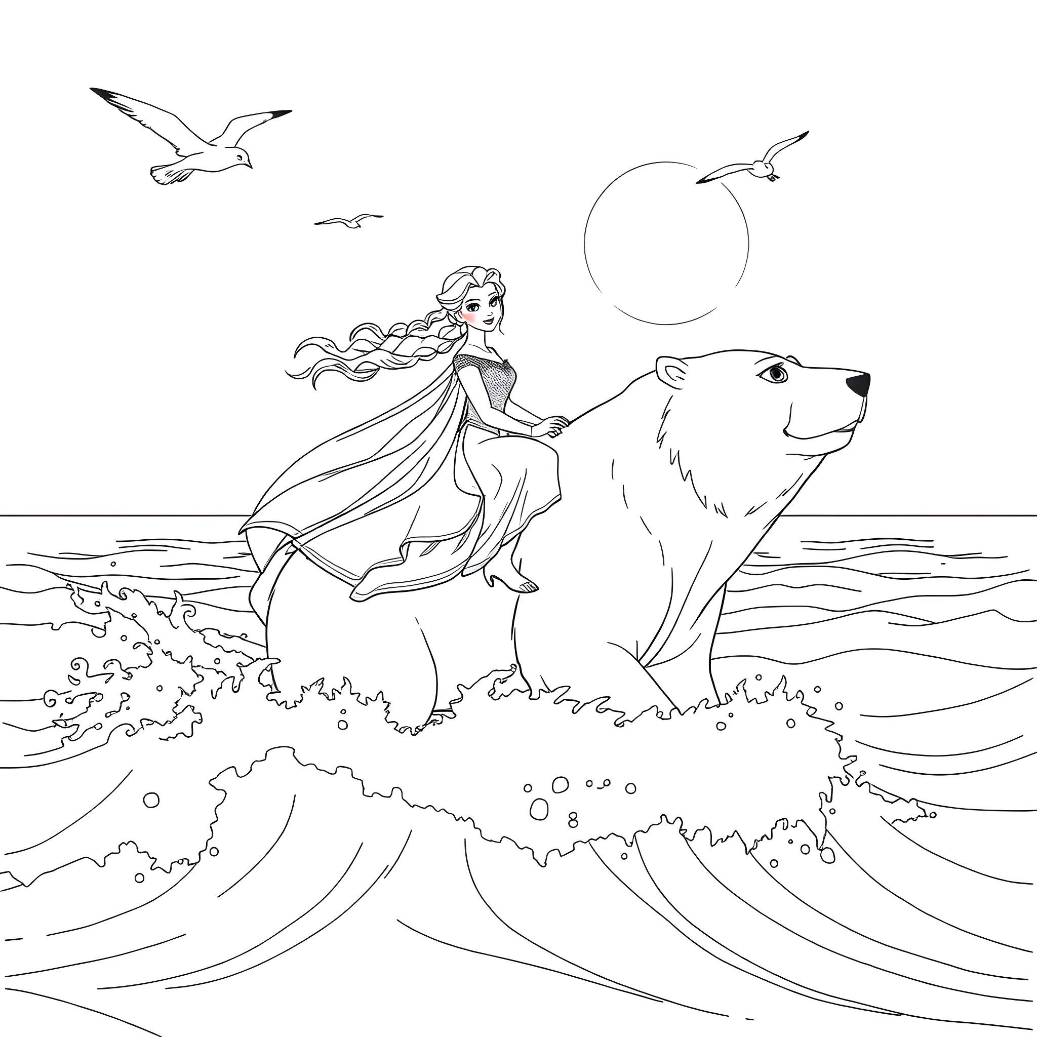 Elsa riding a polar bear by the ocean Coloring Page (free black-and-white line drawing printable PDF for all, from beginners to advanced learners, including children, teens, adults, and seniors)