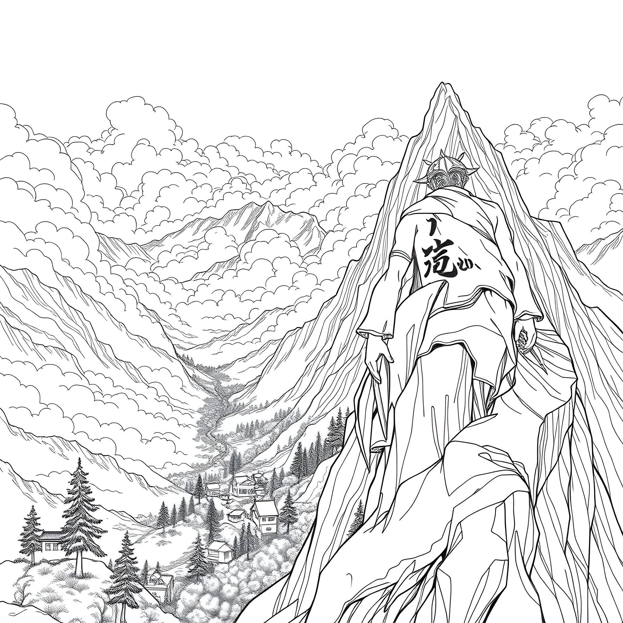 Jiggling Peaks in the Cloudy Landscape Coloring Page (free black-and-white line drawing printable PDF for all, from beginners to advanced learners, including children, teens, adults, and seniors)