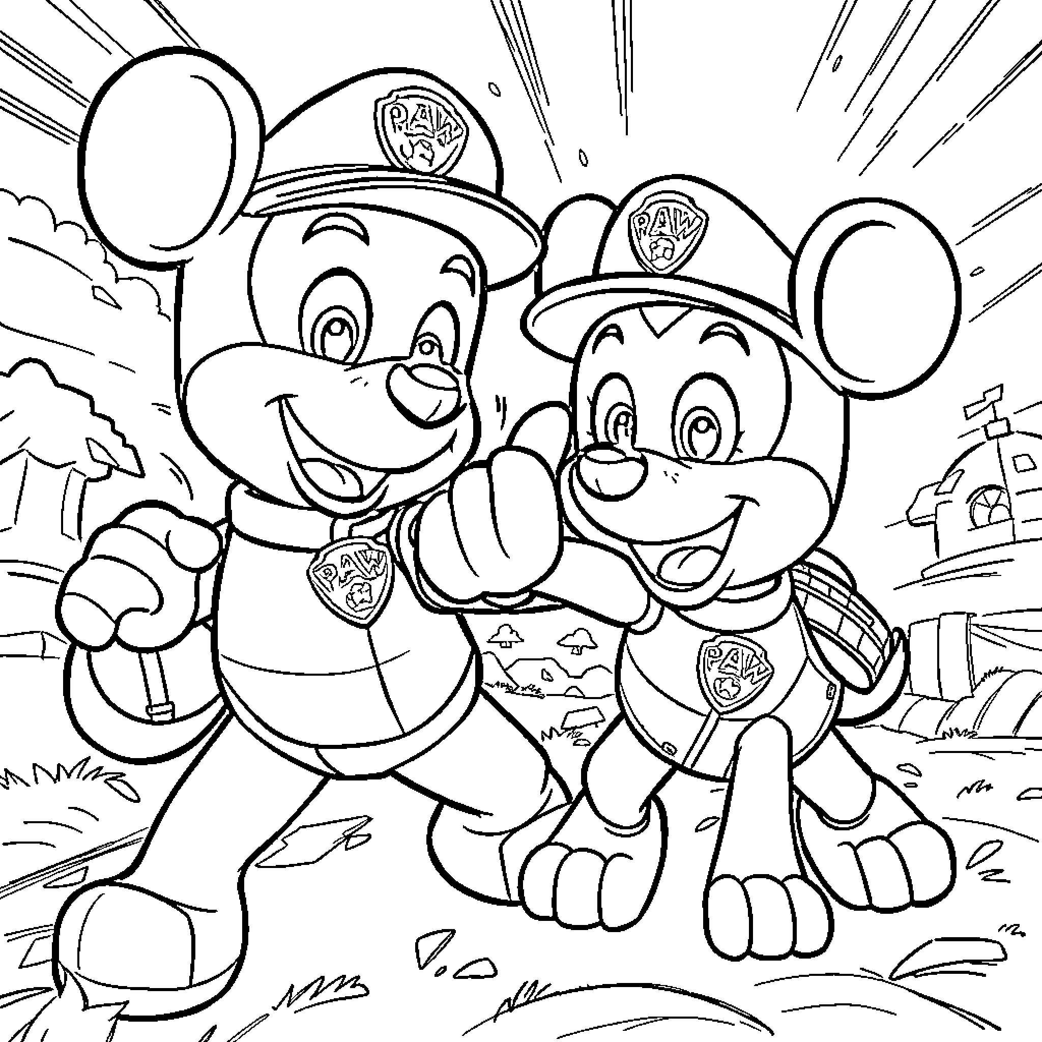 Marshal Mice in Action Adventure Coloring Page (free black-and-white line drawing printable PDF for all, from beginners to advanced learners, including children, teens, adults, and seniors)