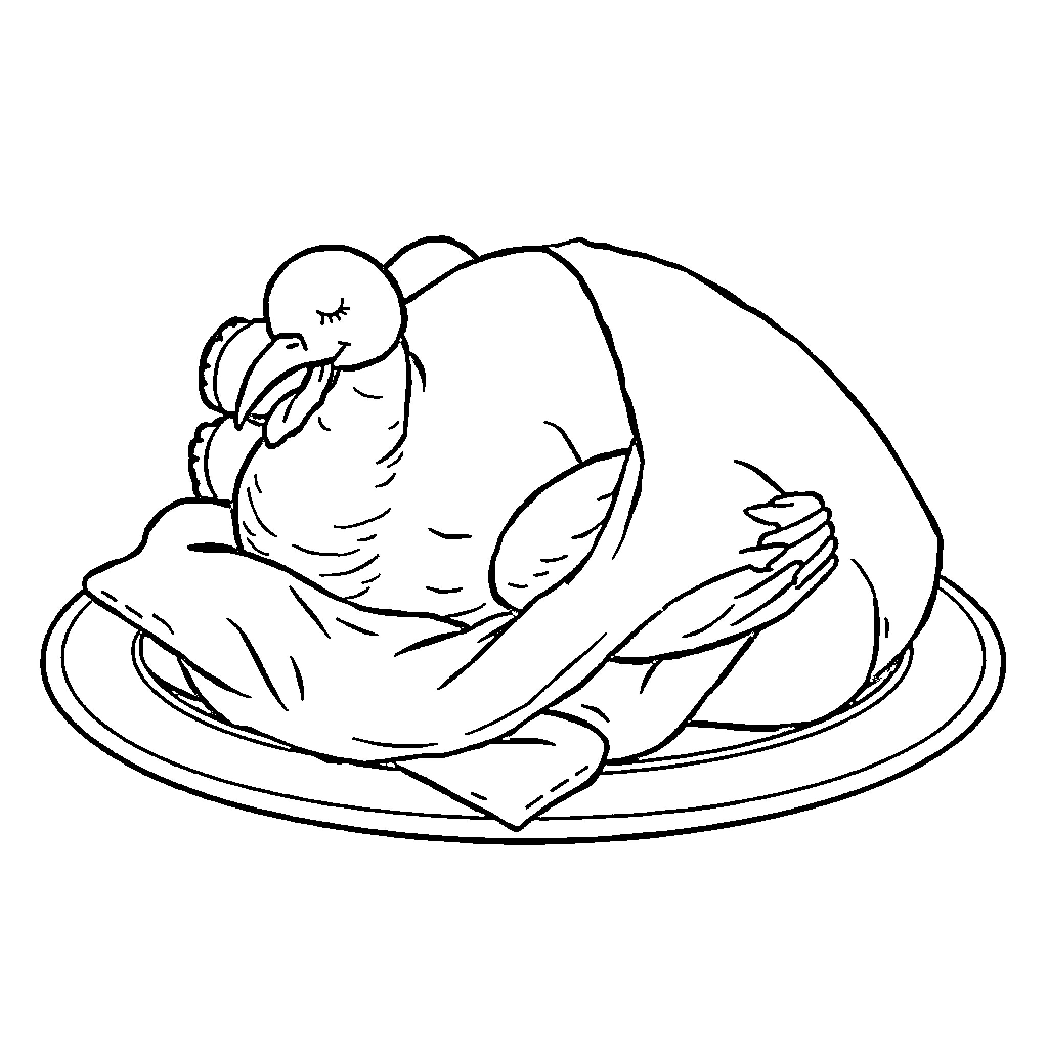 Turkey resting peacefully on a platter Coloring Page (free black-and-white line drawing printable PDF for all, from beginners to advanced learners, including children, teens, adults, and seniors)