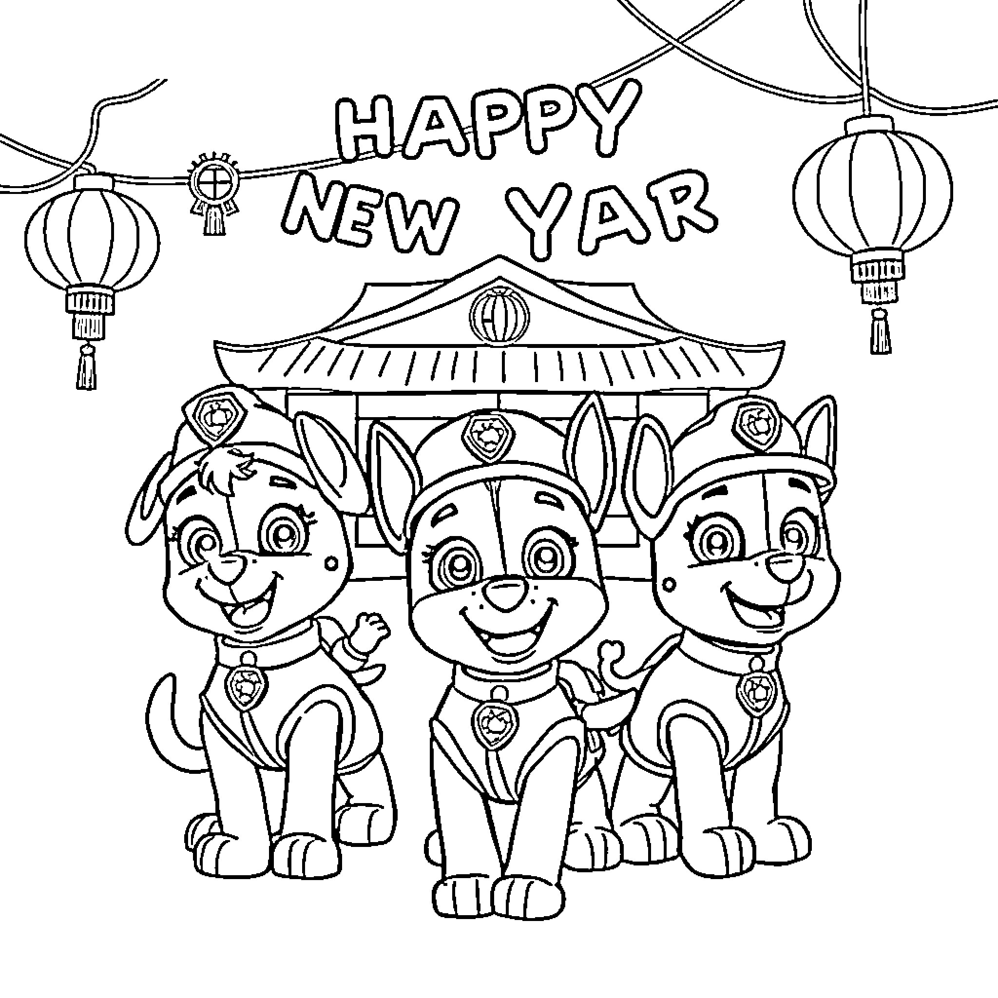 Paw Patrol Celebrates Happy New Year Coloring Page (free black-and-white line drawing printable PDF for all, from beginners to advanced learners, including children, teens, adults, and seniors)
