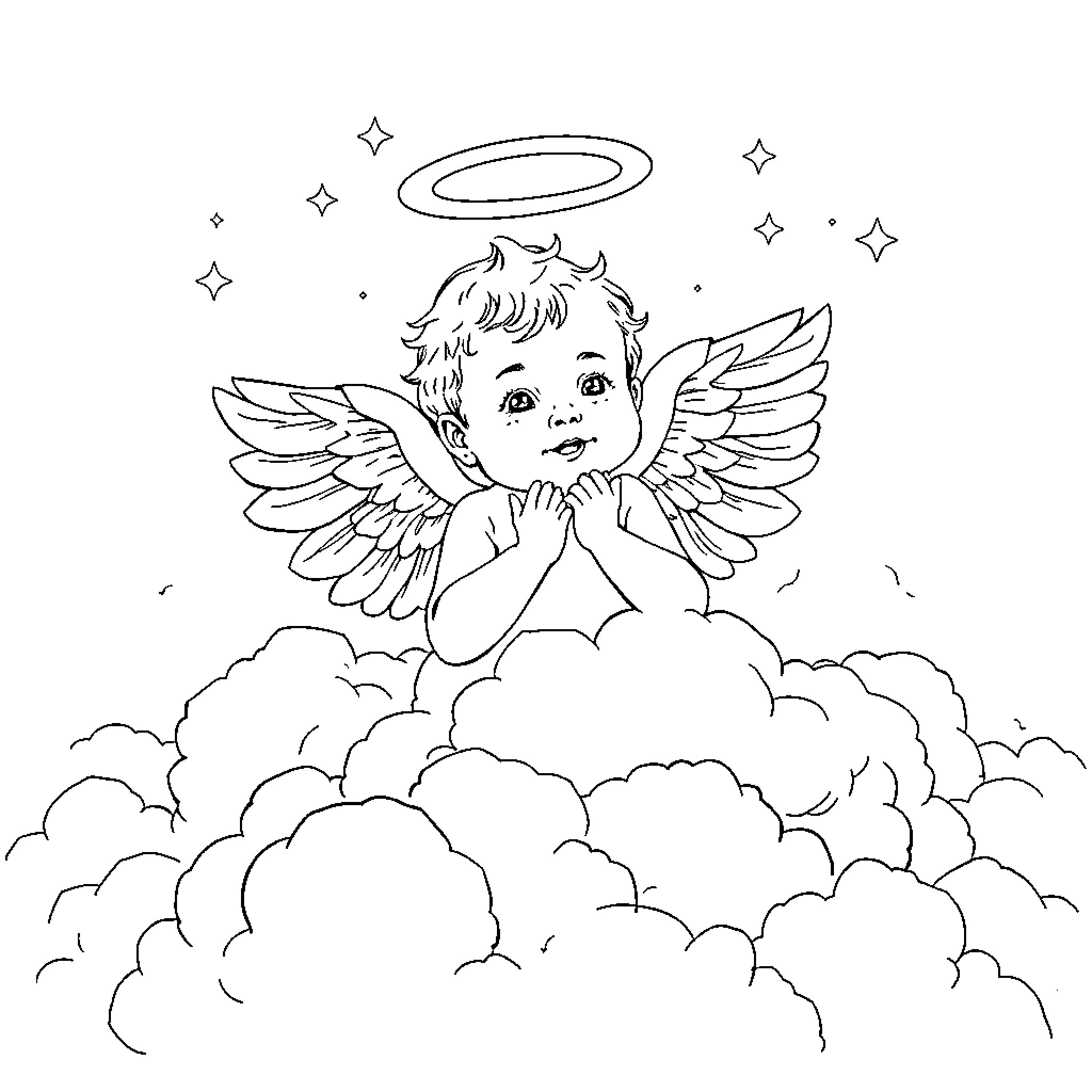 Angel gazing thoughtfully in the heavens Coloring Page (free black-and-white line drawing printable PDF for all, from beginners to advanced learners, including children, teens, adults, and seniors)
