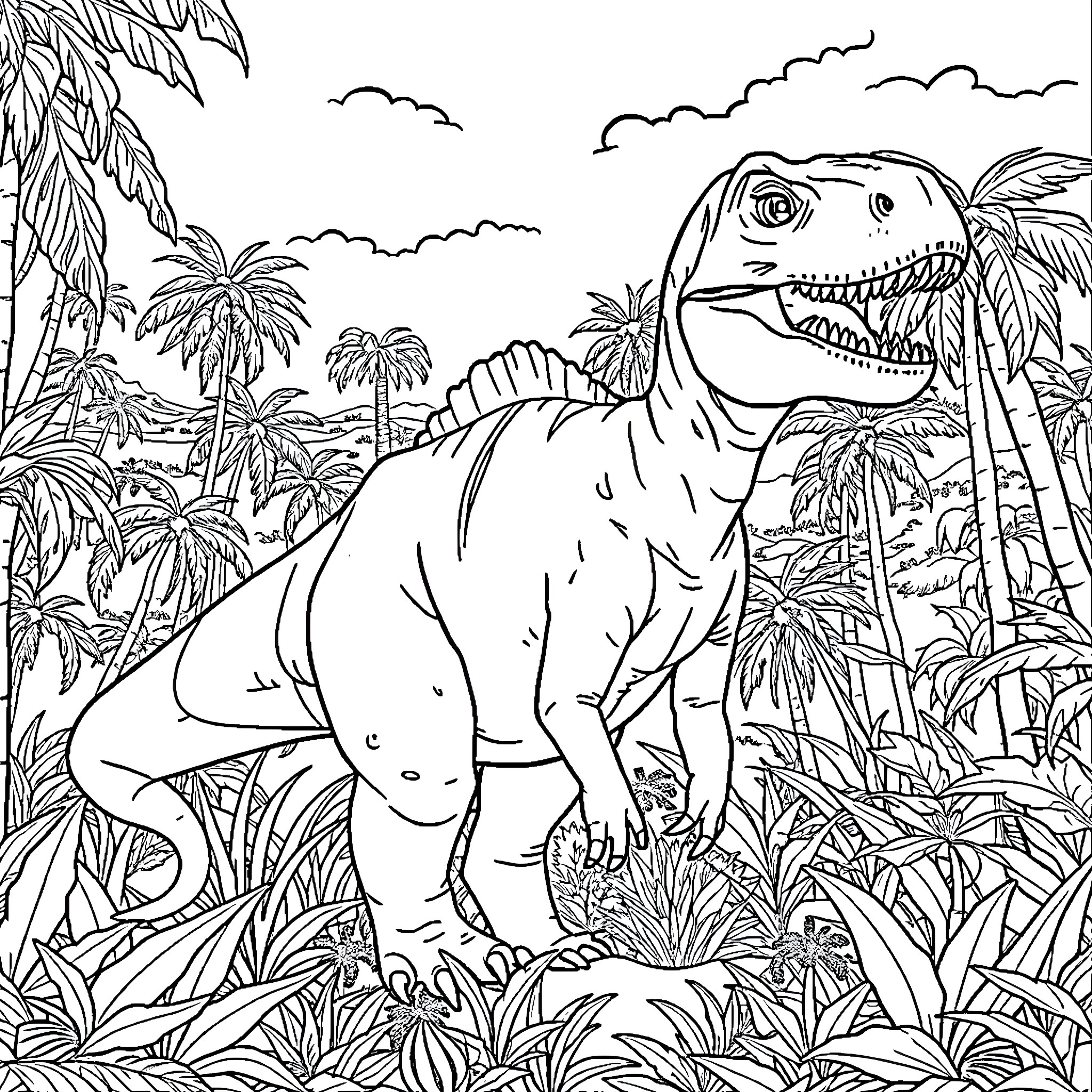 Dinosaur roaming in prehistoric jungle landscape Coloring Page (free black-and-white line drawing printable PDF for all, from beginners to advanced learners, including children, teens, adults, and seniors)