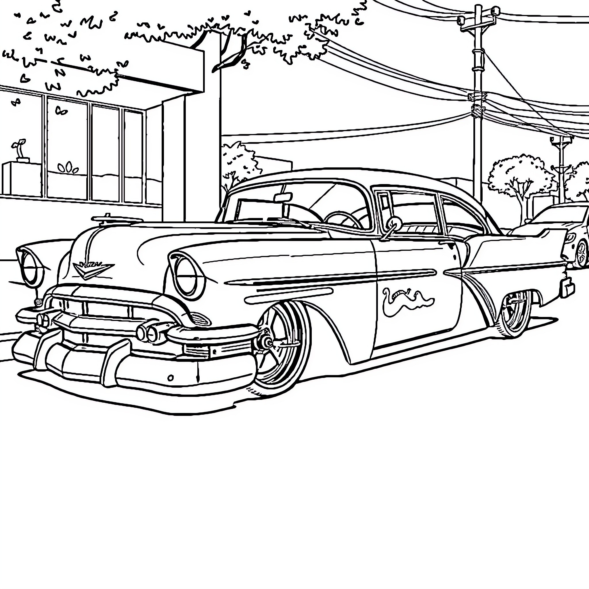 Lowrider vintage car in urban setting Coloring Page (free black-and-white line drawing printable PDF for all, from beginners to advanced learners, including children, teens, adults, and seniors)
