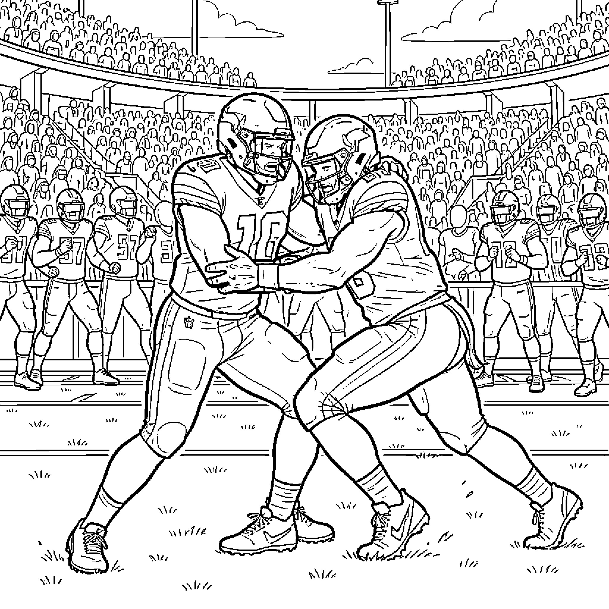Kyler Murray competing in an intense football game Coloring Page (free black-and-white line drawing printable PDF for all, from beginners to advanced learners, including children, teens, adults, and seniors)