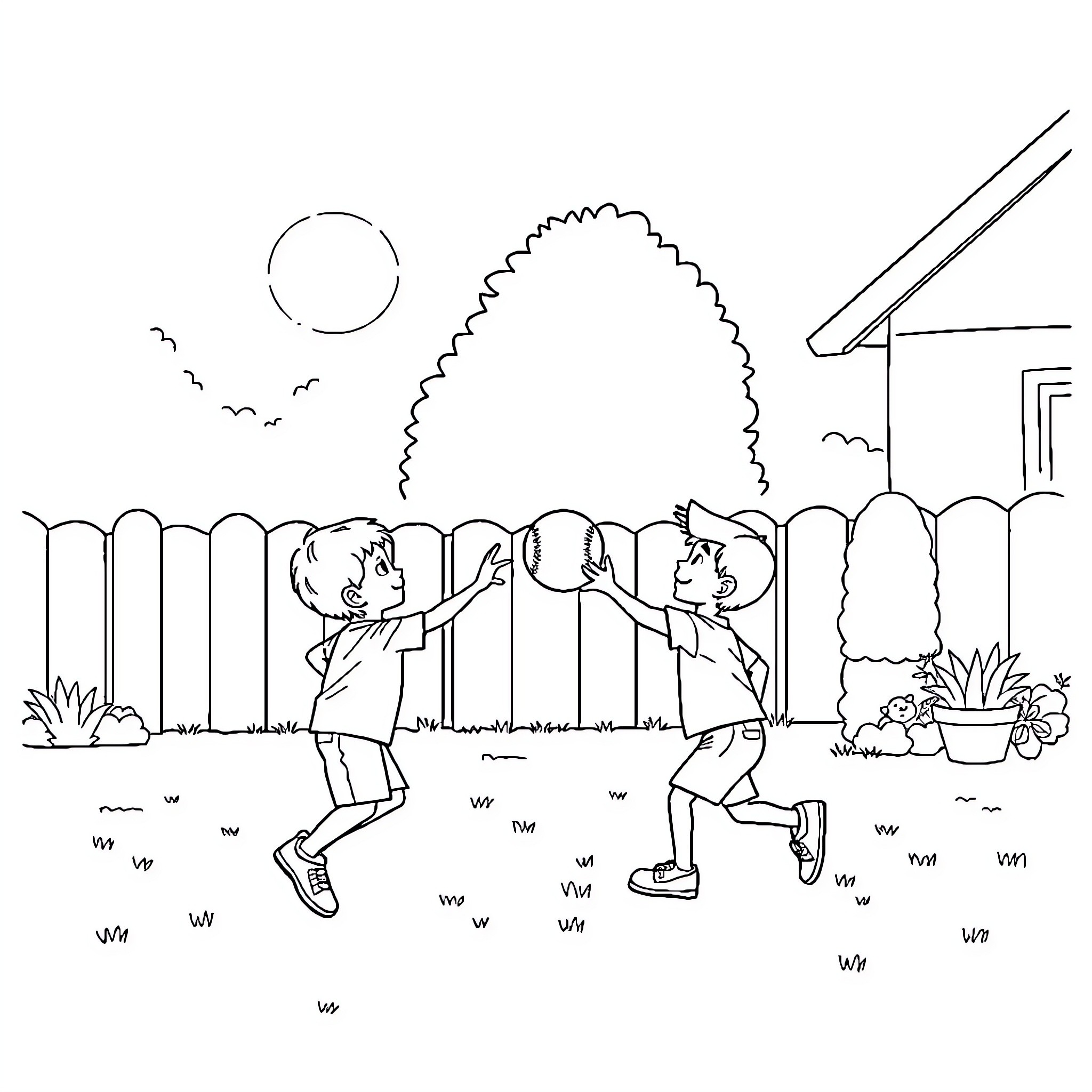 Dad and kids playing together outdoors Coloring Page (free black-and-white line drawing printable PDF for all, from beginners to advanced learners, including children, teens, adults, and seniors)