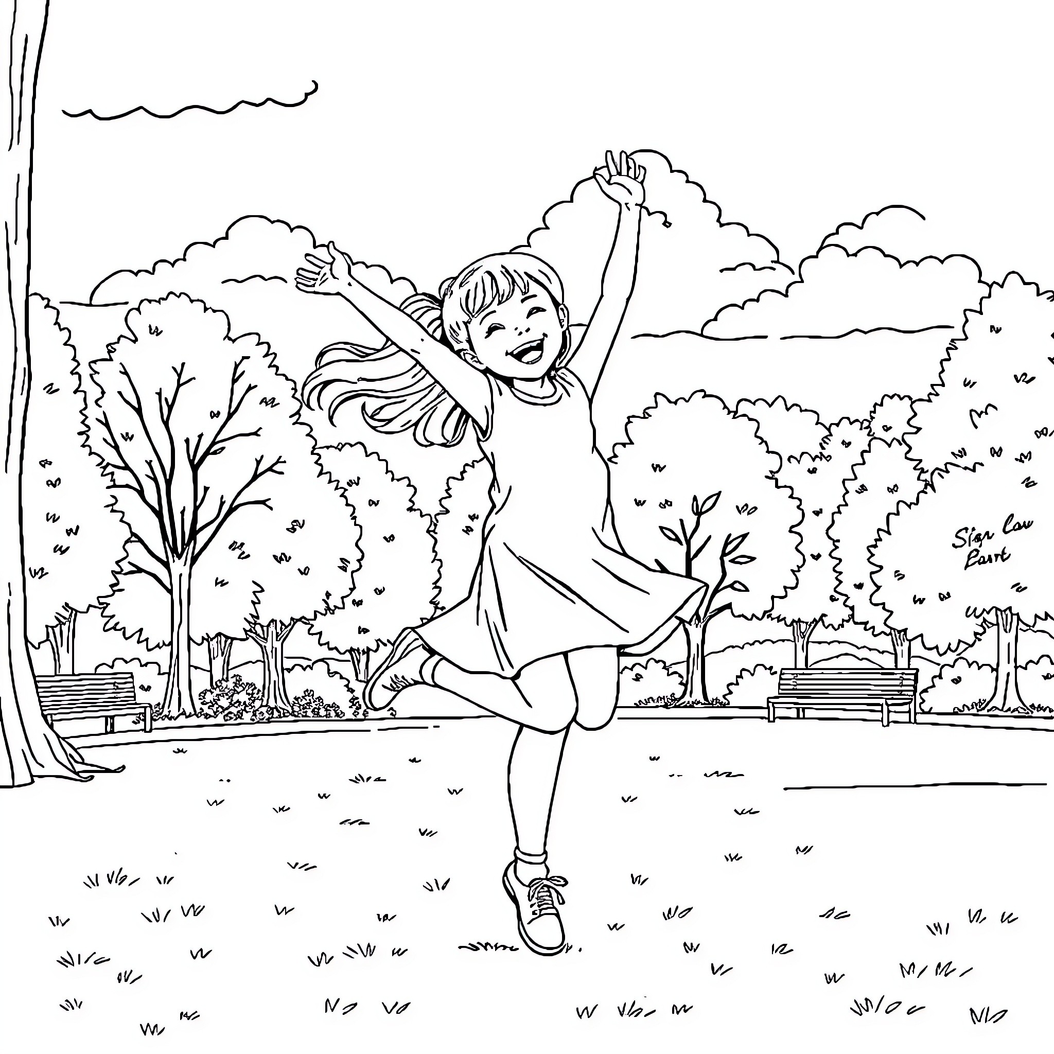 Girl joyfully playing in the park Coloring Page (free black-and-white line drawing printable PDF for all, from beginners to advanced learners, including children, teens, adults, and seniors)