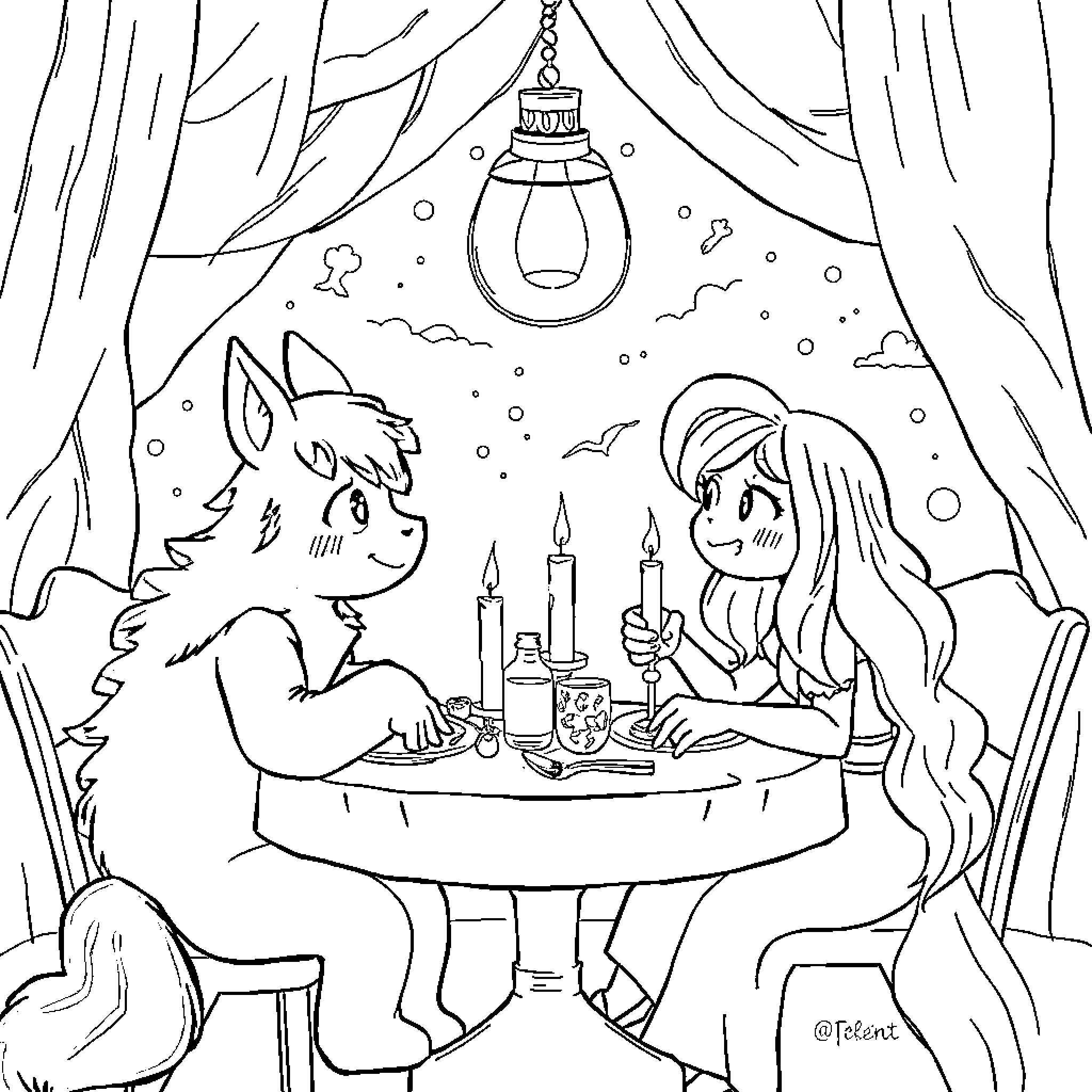 Frieren: Friends having a cozy gathering in the snow Coloring Page (free black-and-white line drawing printable PDF for all, from beginners to advanced learners, including children, teens, adults, and seniors)