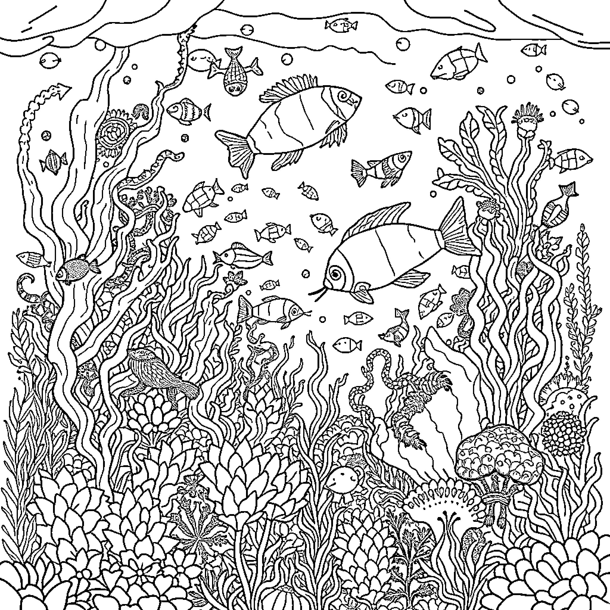 Sea Life Underwater World of Diverse Marine Creatures Coloring Page (free black-and-white line drawing printable PDF for all, from beginners to advanced learners, including children, teens, adults, and seniors)